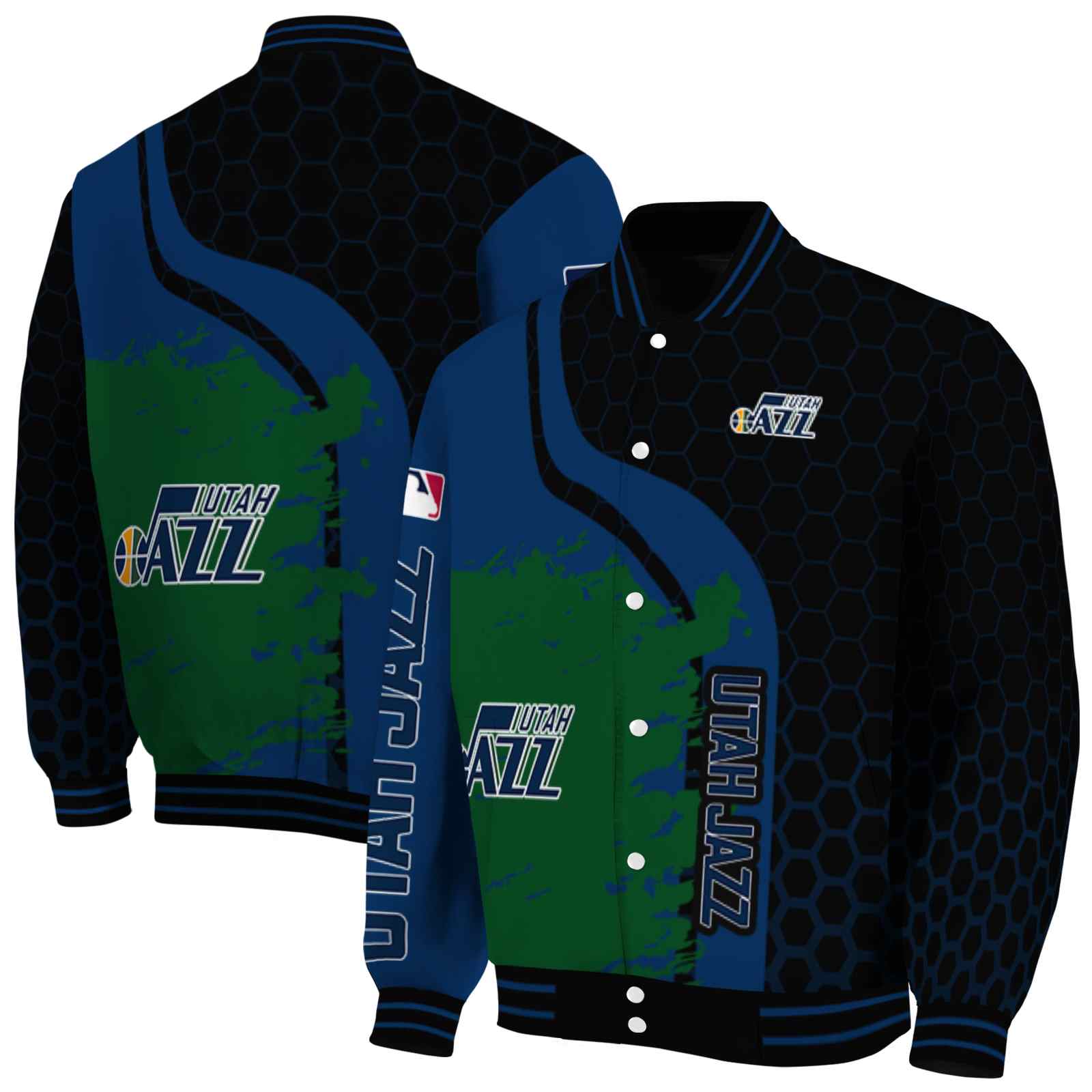 NBA Utah Jazz Hexagonal Pattern Navy Black Custom Baseball Jacket Sport Fans Gear