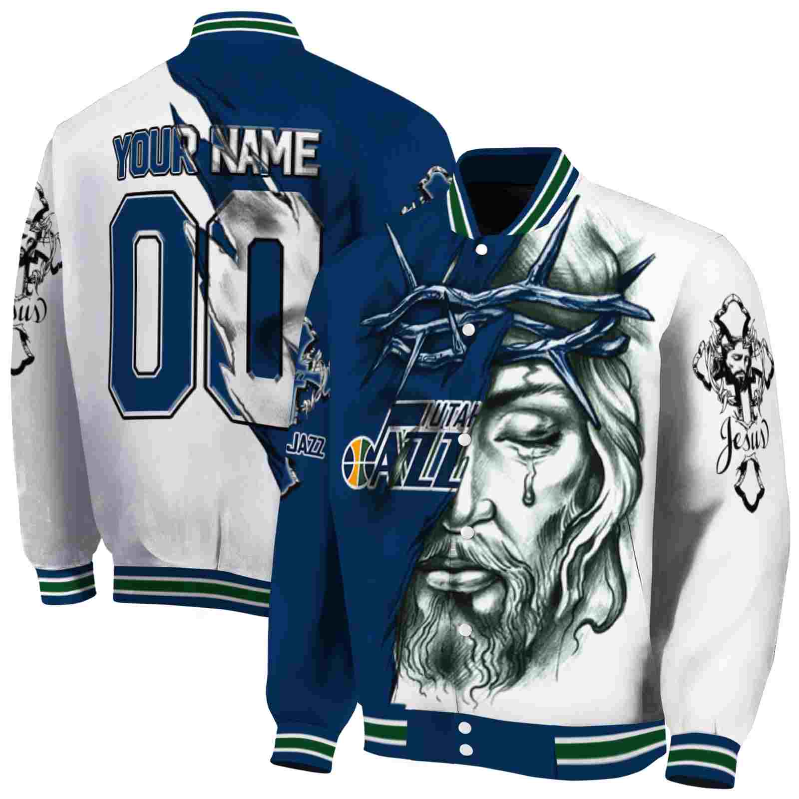 NBA Utah Jazz Jesus Tears Navy White Custom Baseball Jacket Sport Fans Gear