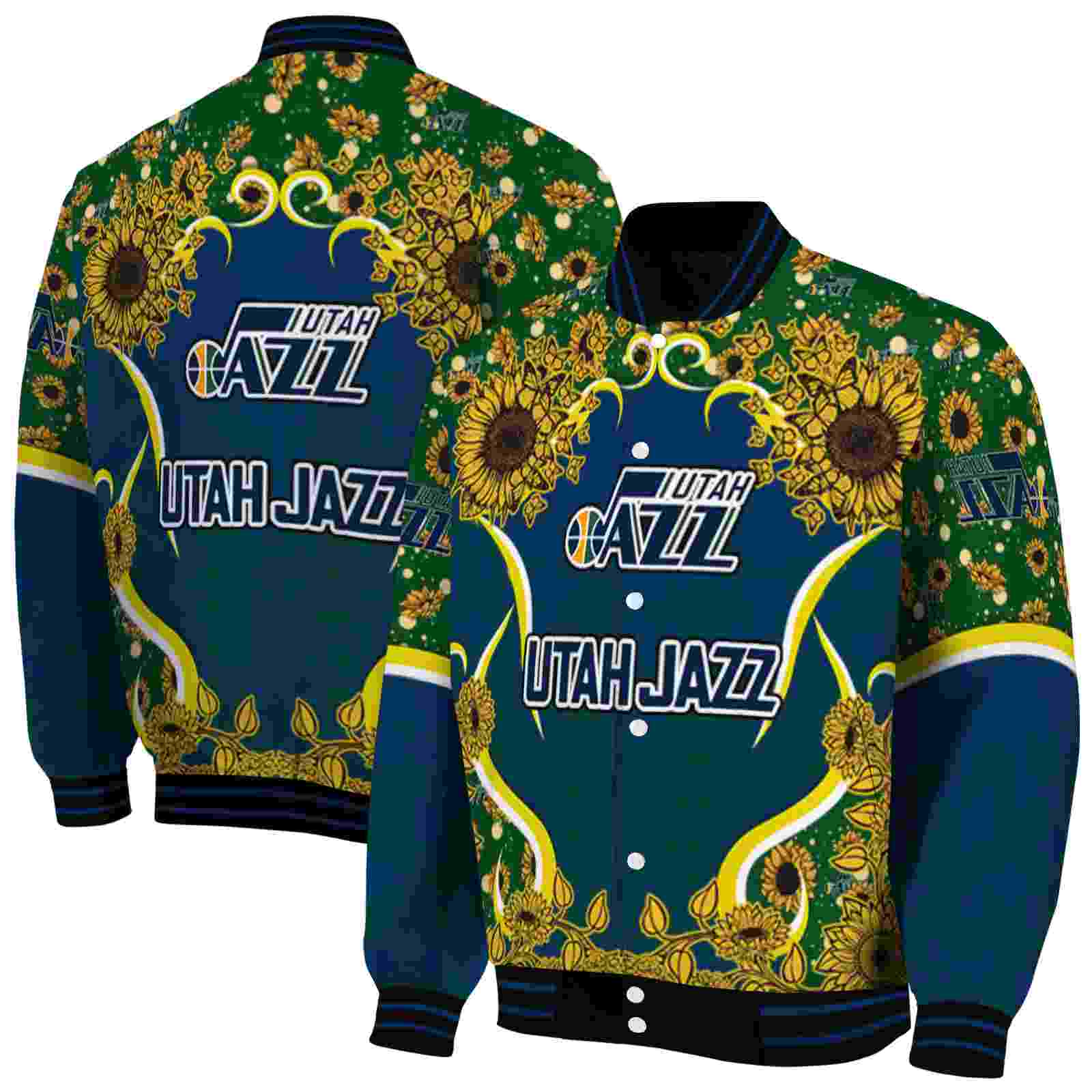 NBA Utah Jazz SuNFL ower Bloom Navy Yellow Custom Baseball Jacket Sport Fans Gear