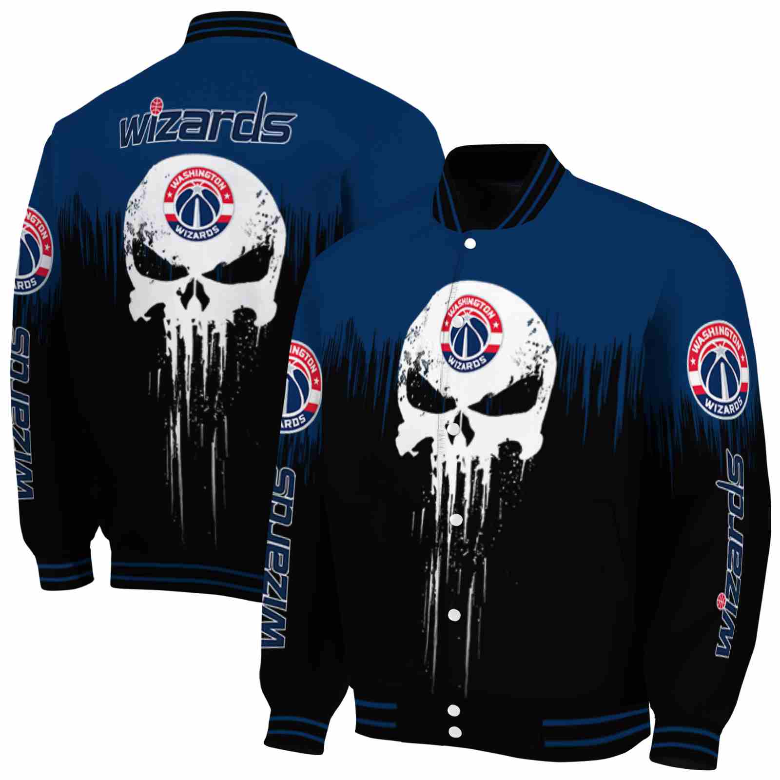 NBA Washington Wizards Punisher Skull Blue Black White Custom Baseball Jacket Sport Fans Gear
