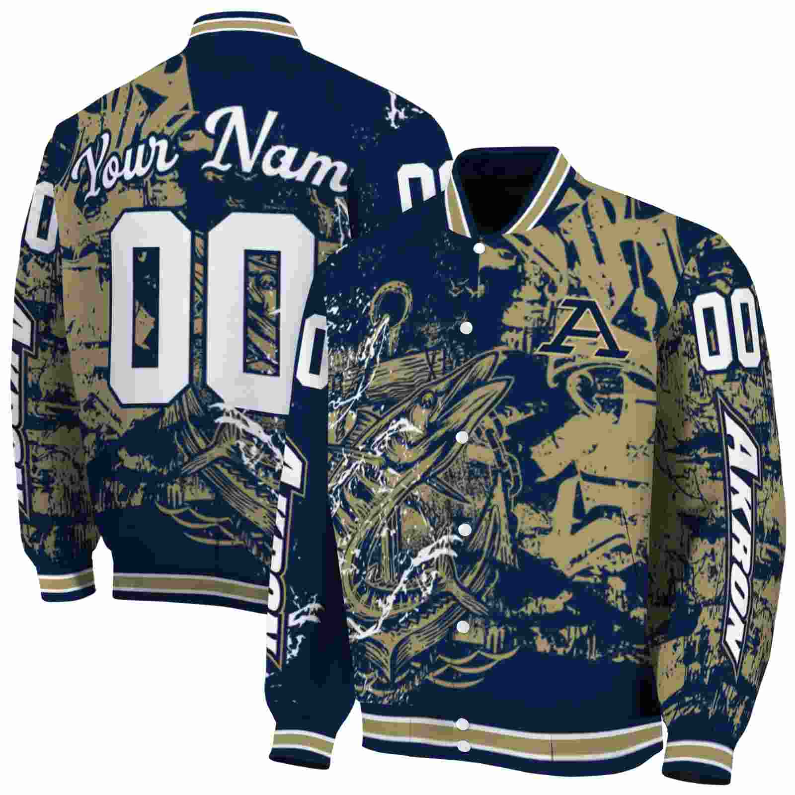 Ncaa Akron Zips Fishing Art Blue Custom Baseball Jacket Sport Fans Gear