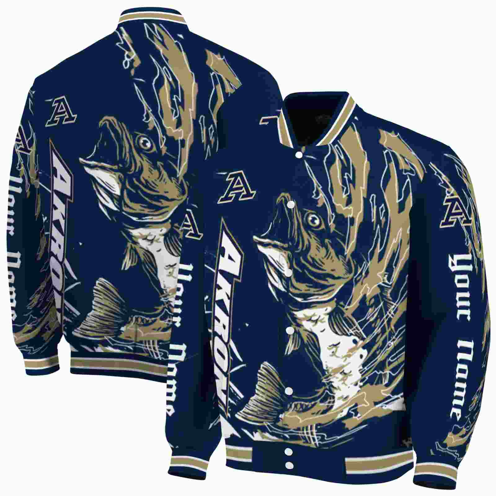 Ncaa Akron Zips Fishing Passion Blue White Custom Baseball Jacket Sport Fans Gear
