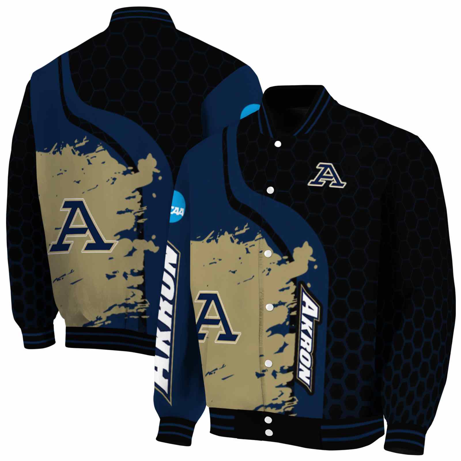 Ncaa Akron Zips Hexagonal Pattern Blue Black Custom Baseball Jacket Sport Fans Gear