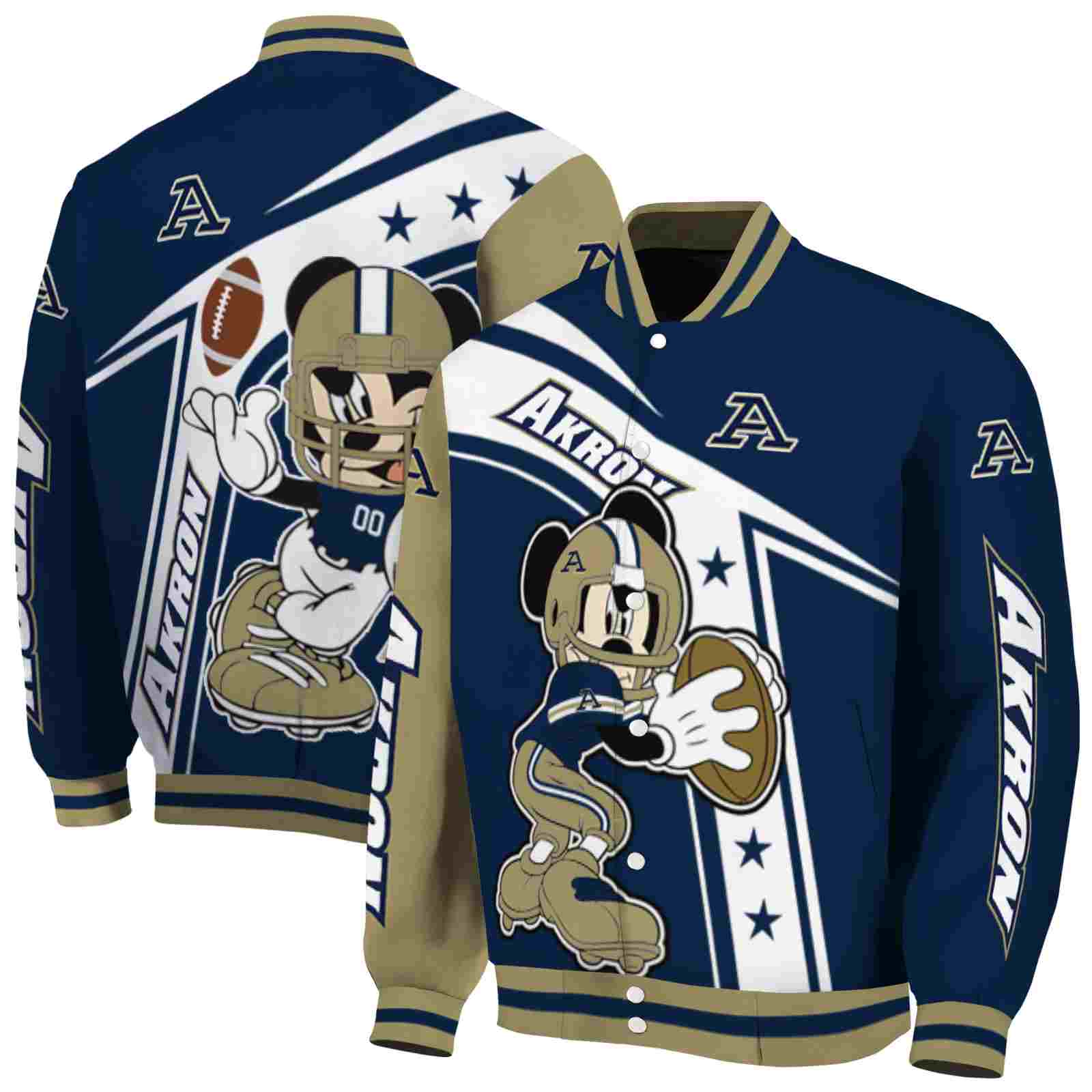 Ncaa Akron Zips Mickey Football Blue White Custom Baseball Jacket Sport Fans Gear