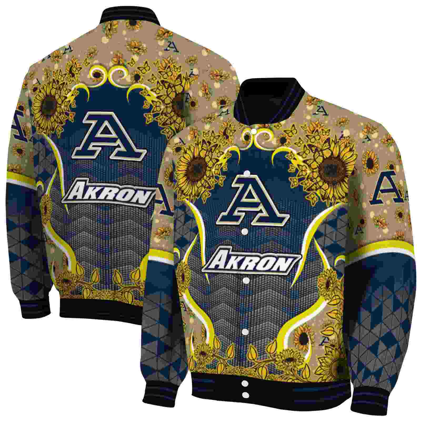 Ncaa Akron Zips SuNFL ower Bloom Blue Yellow Custom Baseball Jacket Sport Fans Gear