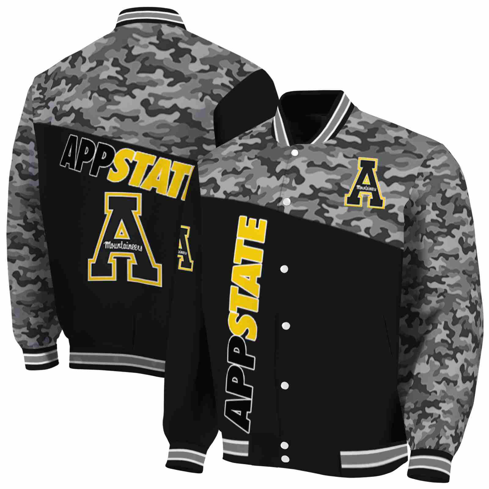 Ncaa Appalachian State Mountaineers Camo Patchwork Black Custom Baseball Jacket Sport Fans Gear
