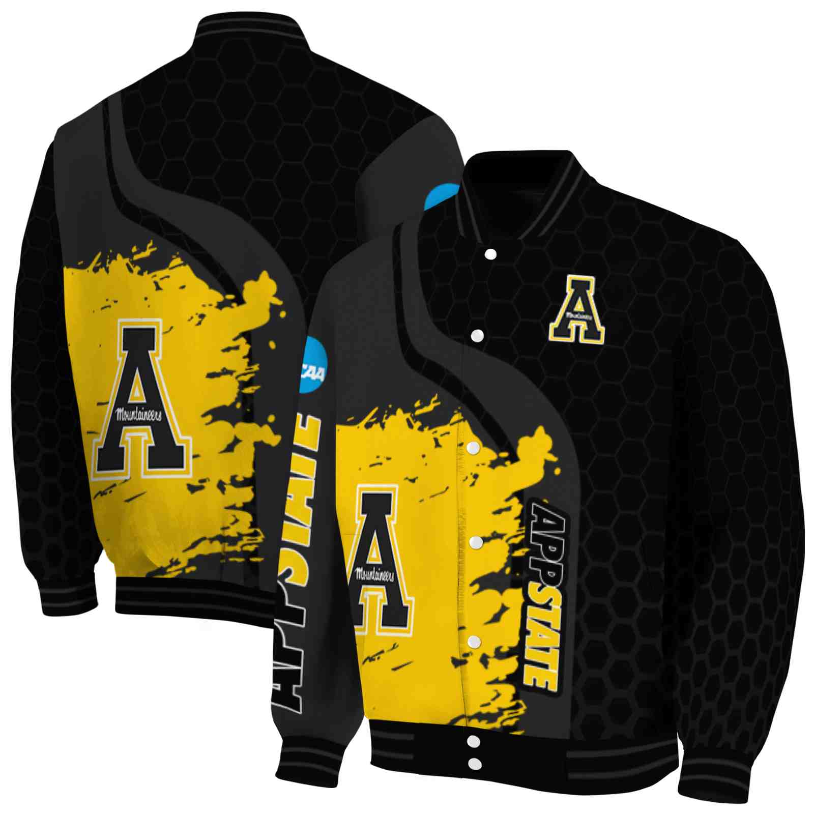 Ncaa Appalachian State Mountaineers Hexagonal Pattern Black Custom Baseball Jacket Sport Fans Gear
