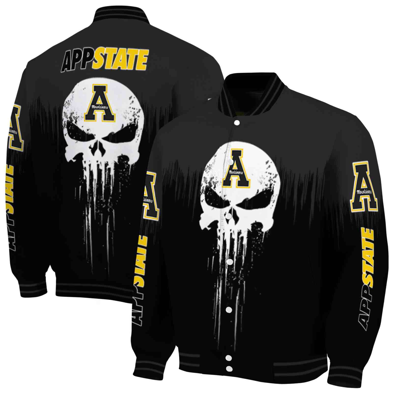Ncaa Appalachian State Mountaineers Punisher Skull Black White Custom Baseball Jacket Sport Fans Gear