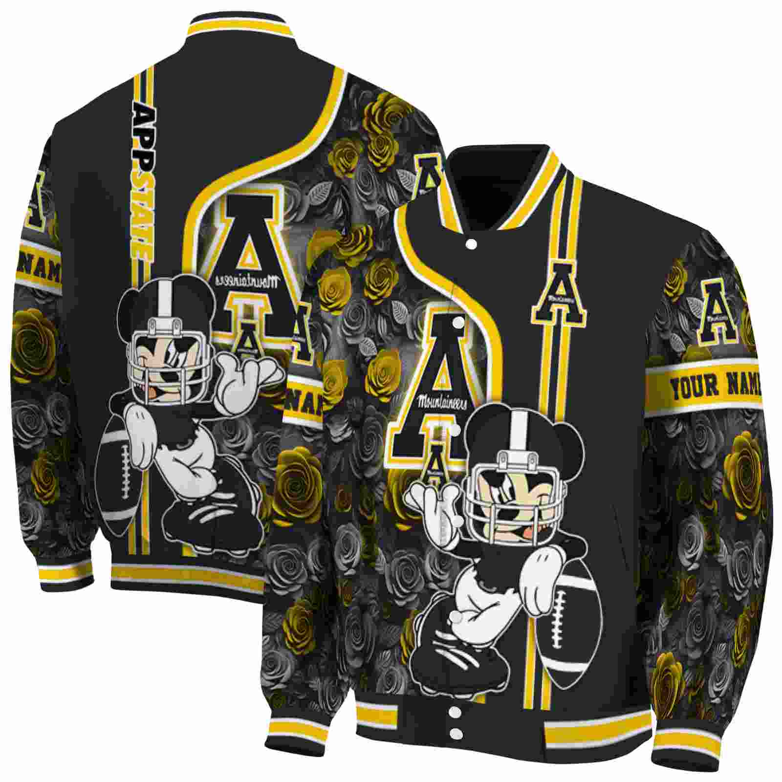 Ncaa Appalachian State Mountaineers Rose Mickey Black Custom Baseball Jacket Sport Fans Gear