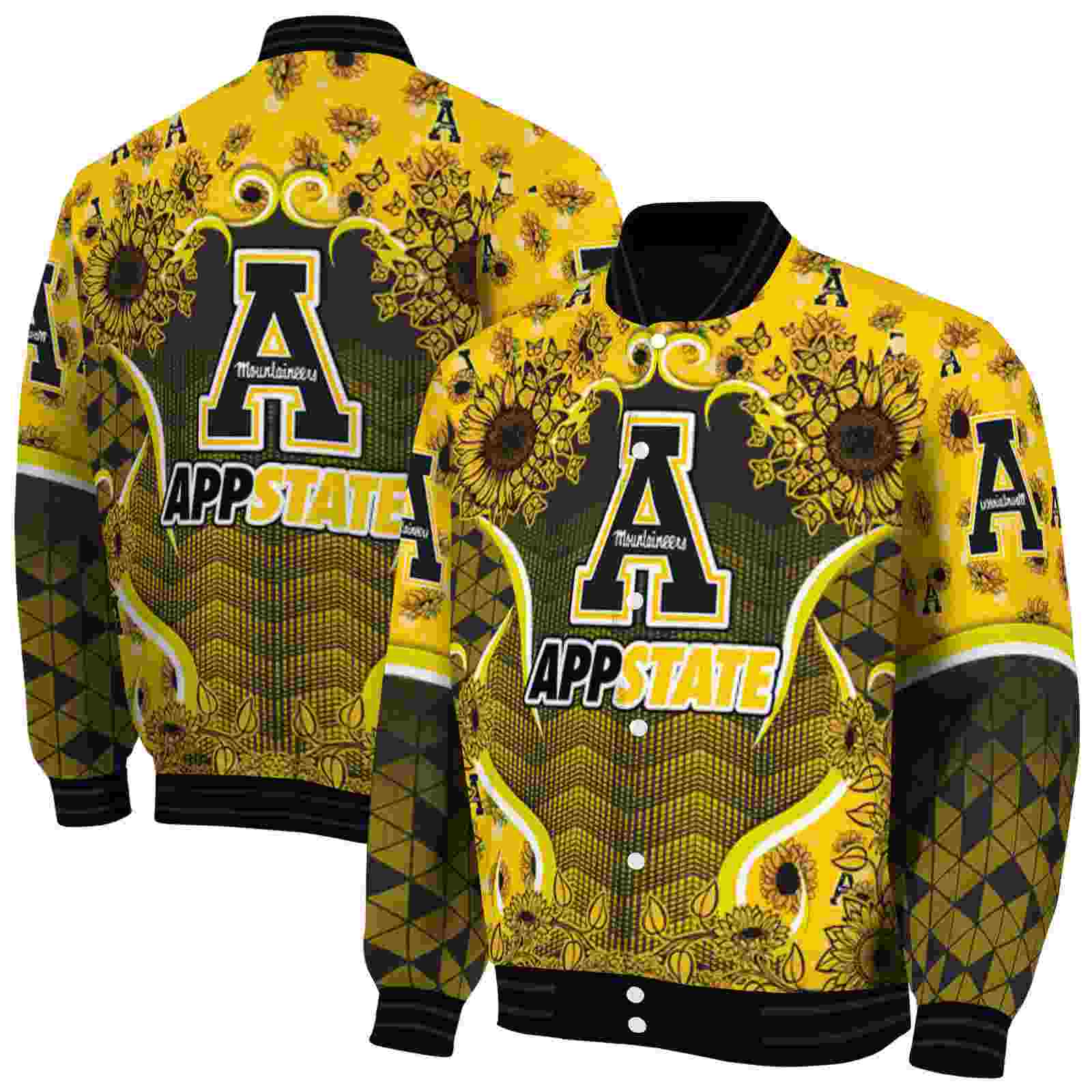 Ncaa Appalachian State Mountaineers SuNFL ower Bloom Black Yellow Custom Baseball Jacket Sport Fans Gear