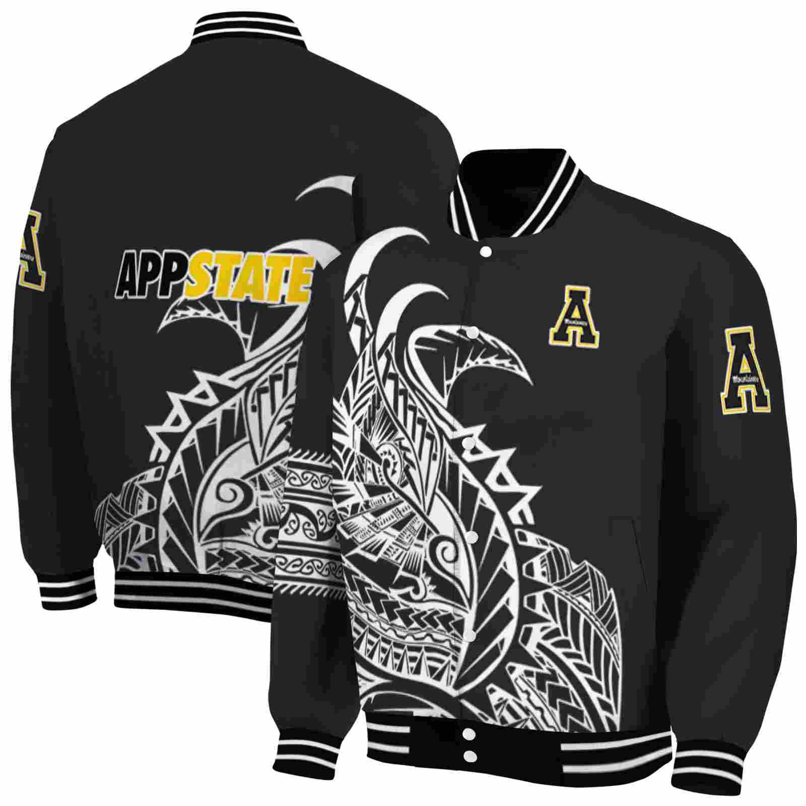 Ncaa Appalachian State Mountaineers Tribal Art Black White Black Custom Baseball Jacket Sport Fans Gear