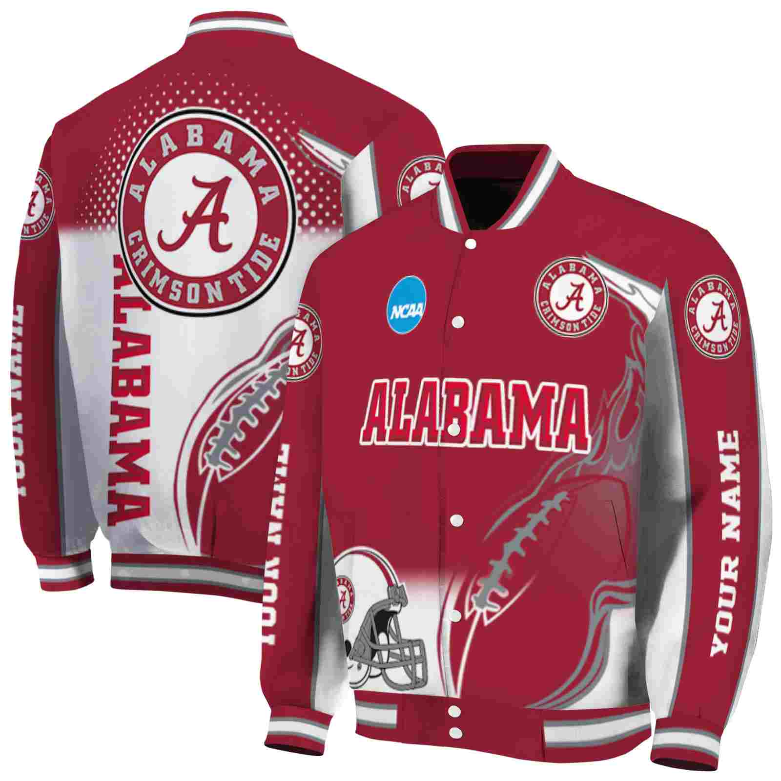 Ncaa Customized Alabama Crimson Tide Flaming Football Crimson White Custom Baseball Jacket Sport Fans Gear