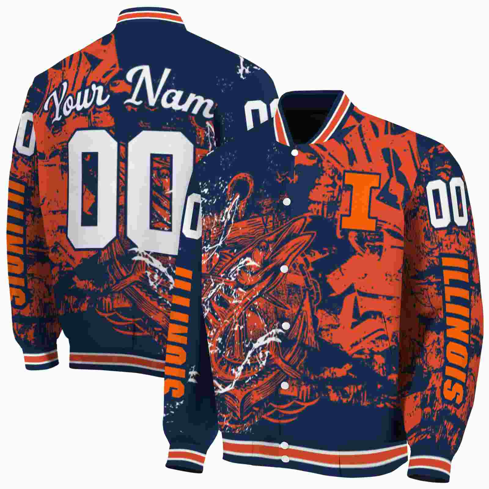 Ncaa Customized Illinois Fighting Illini Fishing Art Blue Custom Baseball Jacket Sport Fans Gear