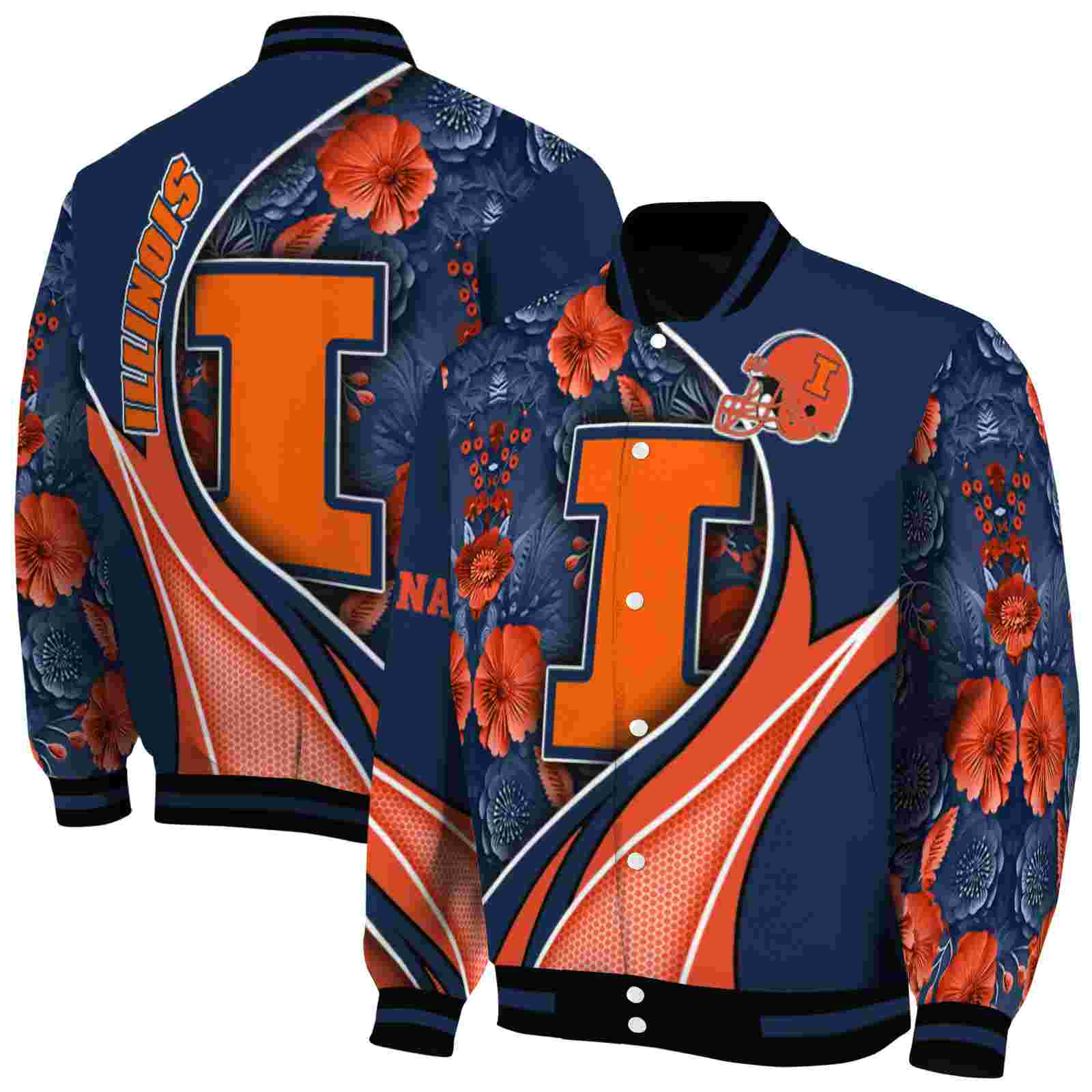 Ncaa Customized Illinois Fighting Illini Floral Print Blue Custom Baseball Jacket Sport Fans Gear
