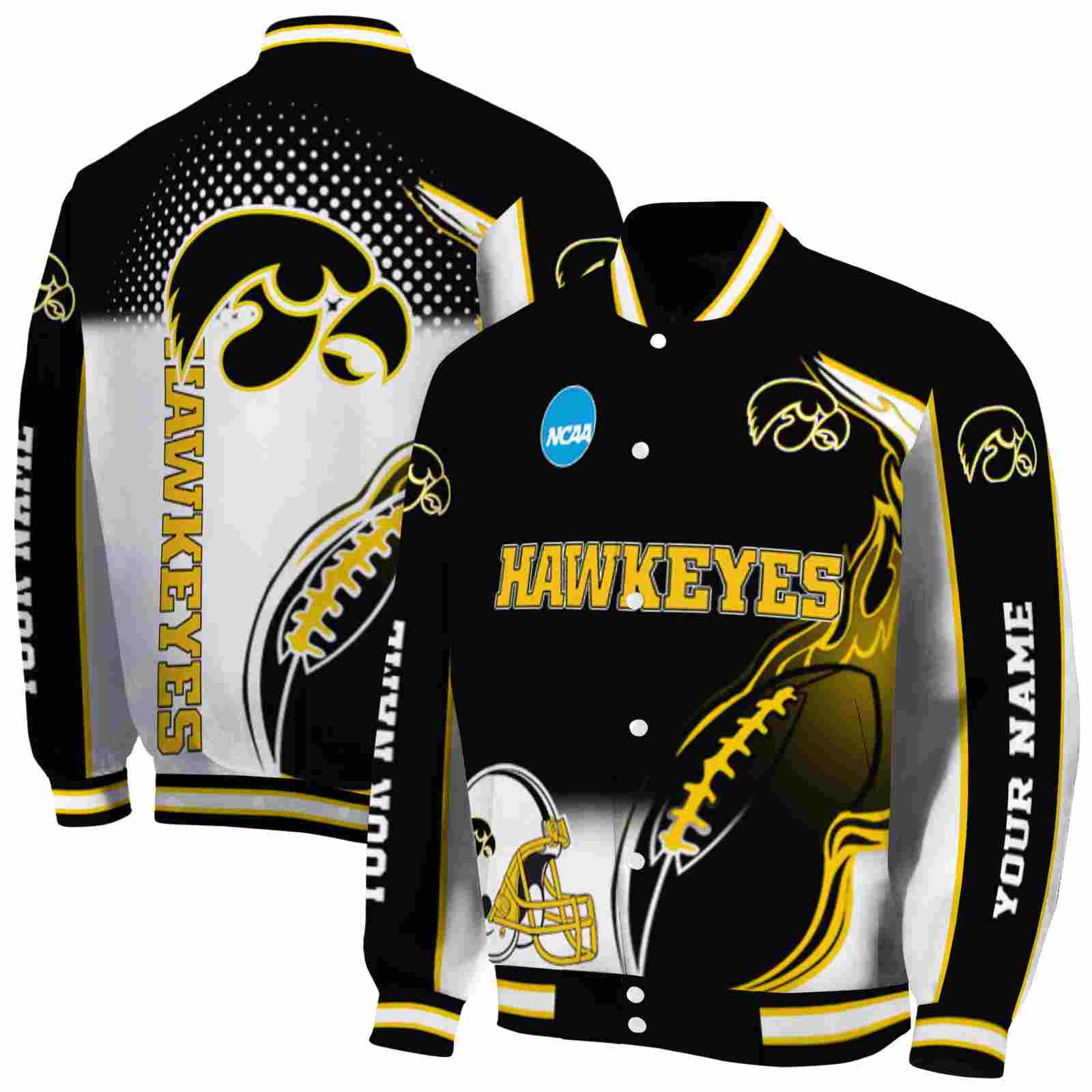 Ncaa Customized Iowa Hawkeyes Flaming Football Black White Custom Baseball Jacket Sport Fans Gear