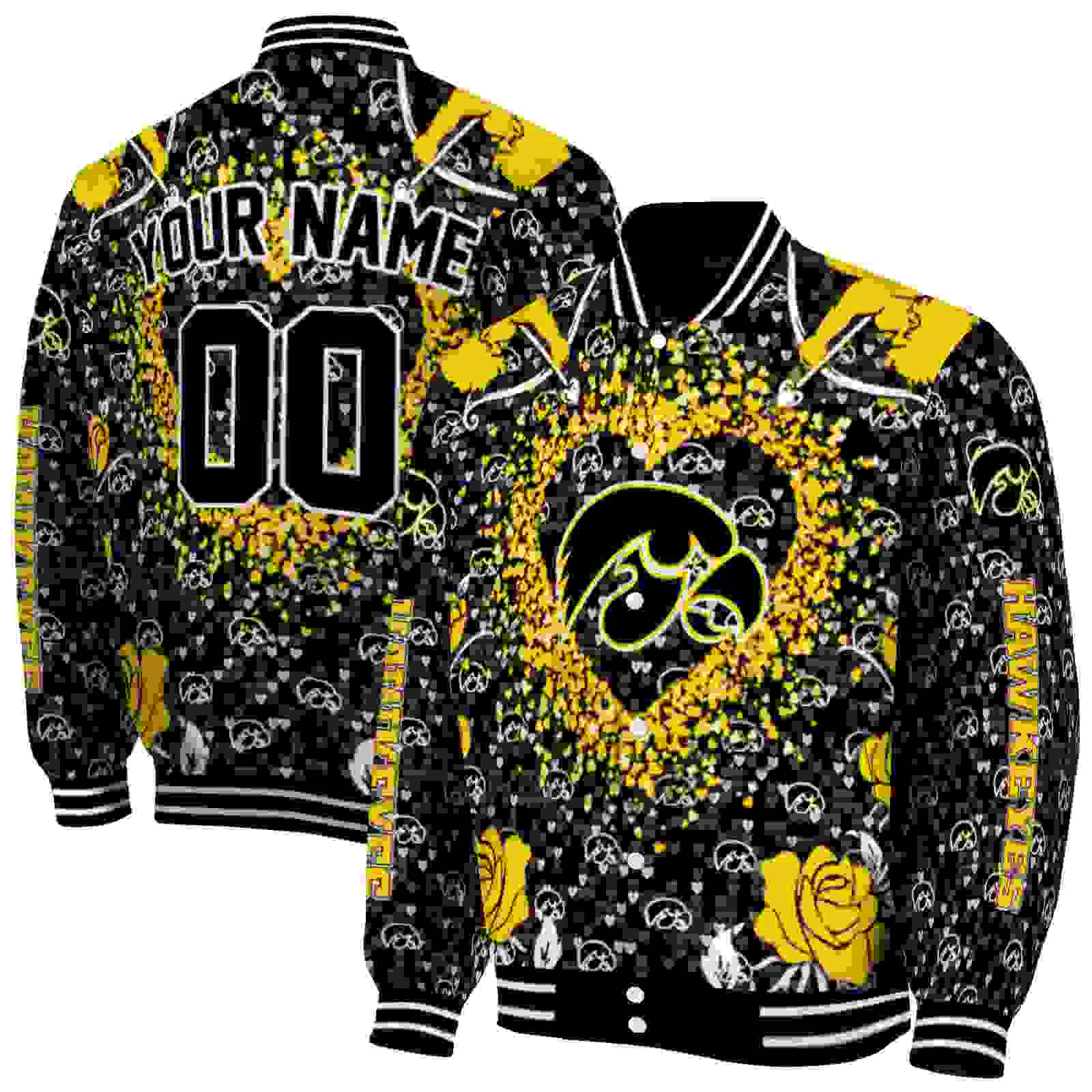 Ncaa Customized Iowa Hawkeyes Heart Explosion Black Custom Baseball Jacket Sport Fans Gear