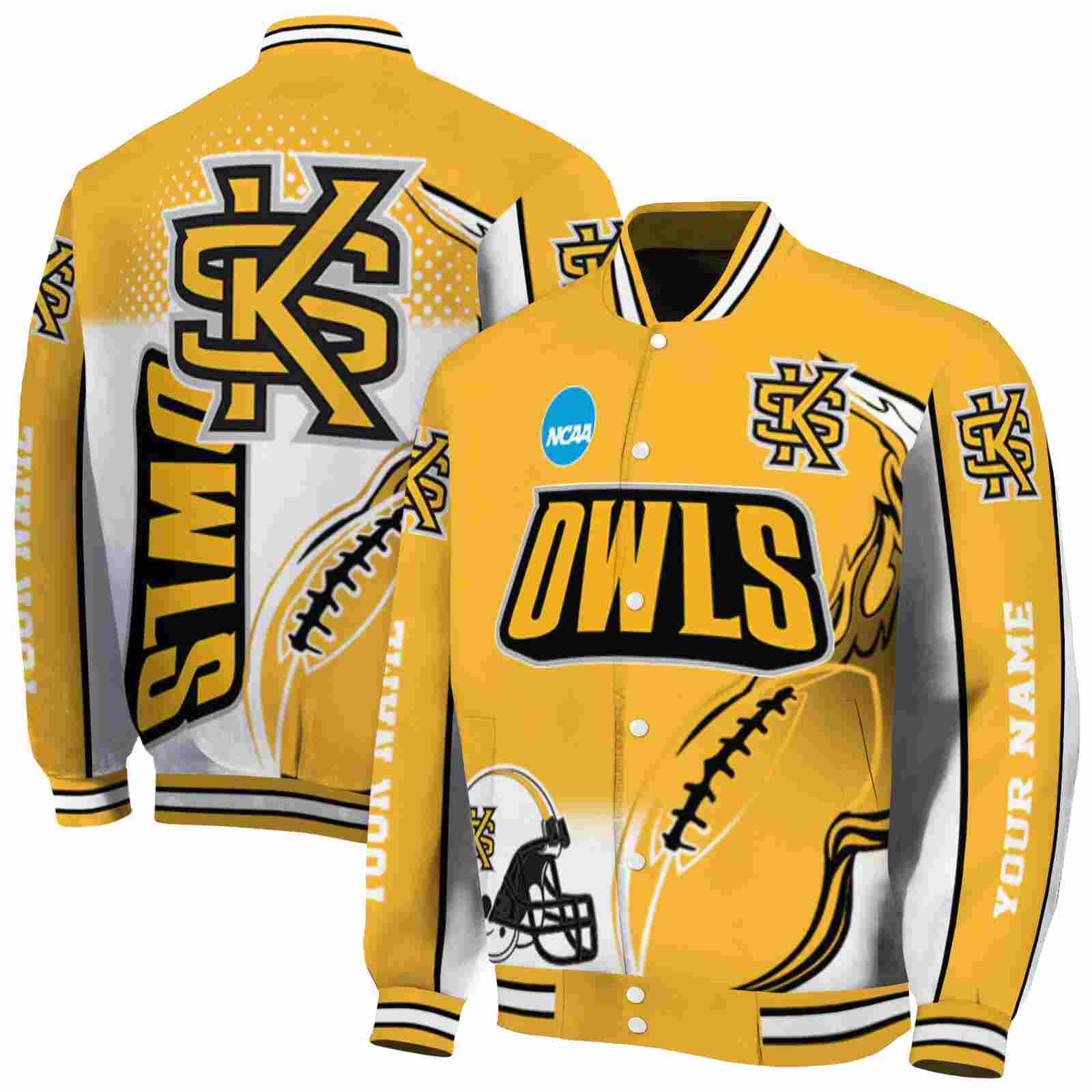 Ncaa Customized Kennesaw State Owls Flaming Football Gold White Custom Baseball Jacket Sport Fans Gear