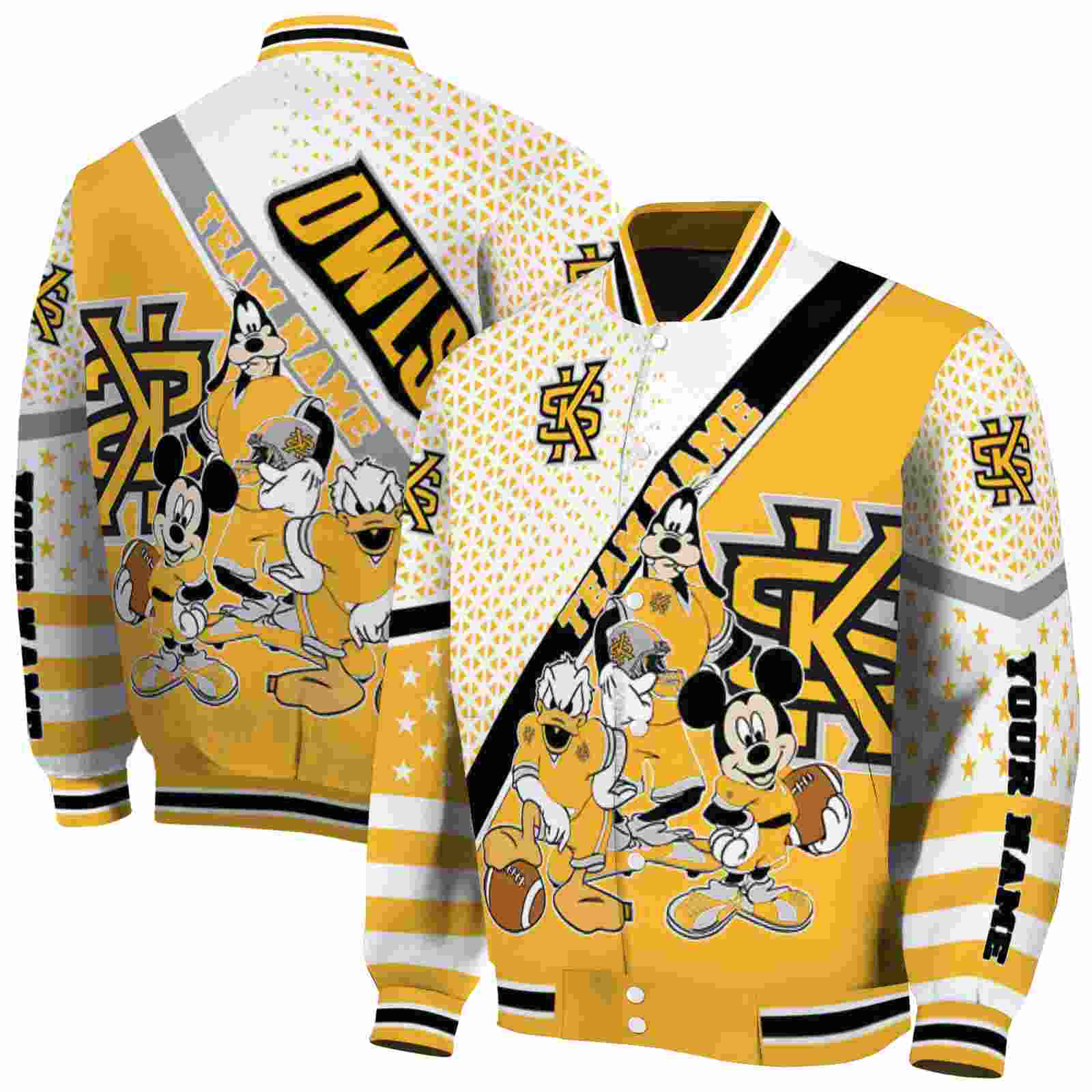Ncaa Customized Kennesaw State Owls Mickey Donald Goofy Gold White Custom Baseball Jacket Sport Fans Gear