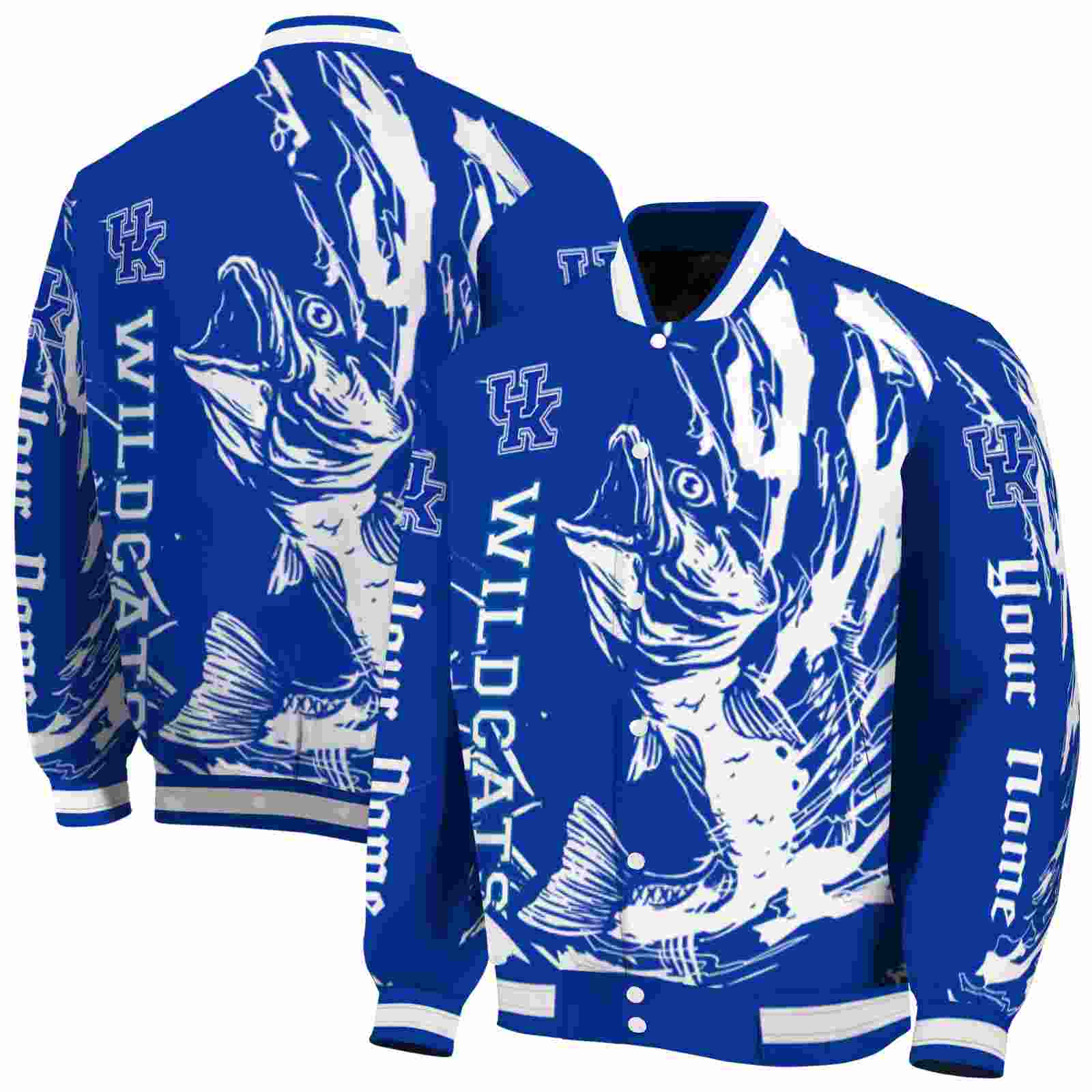 Ncaa Customized Kentucky Wildcats Fishing Passion Blue White Custom Baseball Jacket Sport Fans Gear