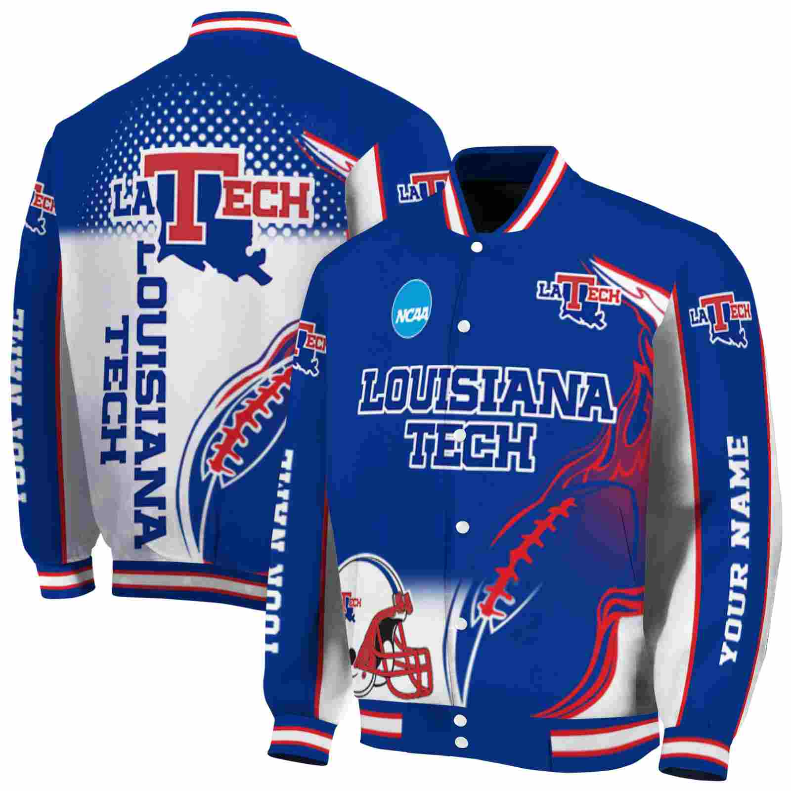 Ncaa Customized LA Tech Flaming Football Blue White Custom Baseball Jacket Sport Fans Gear