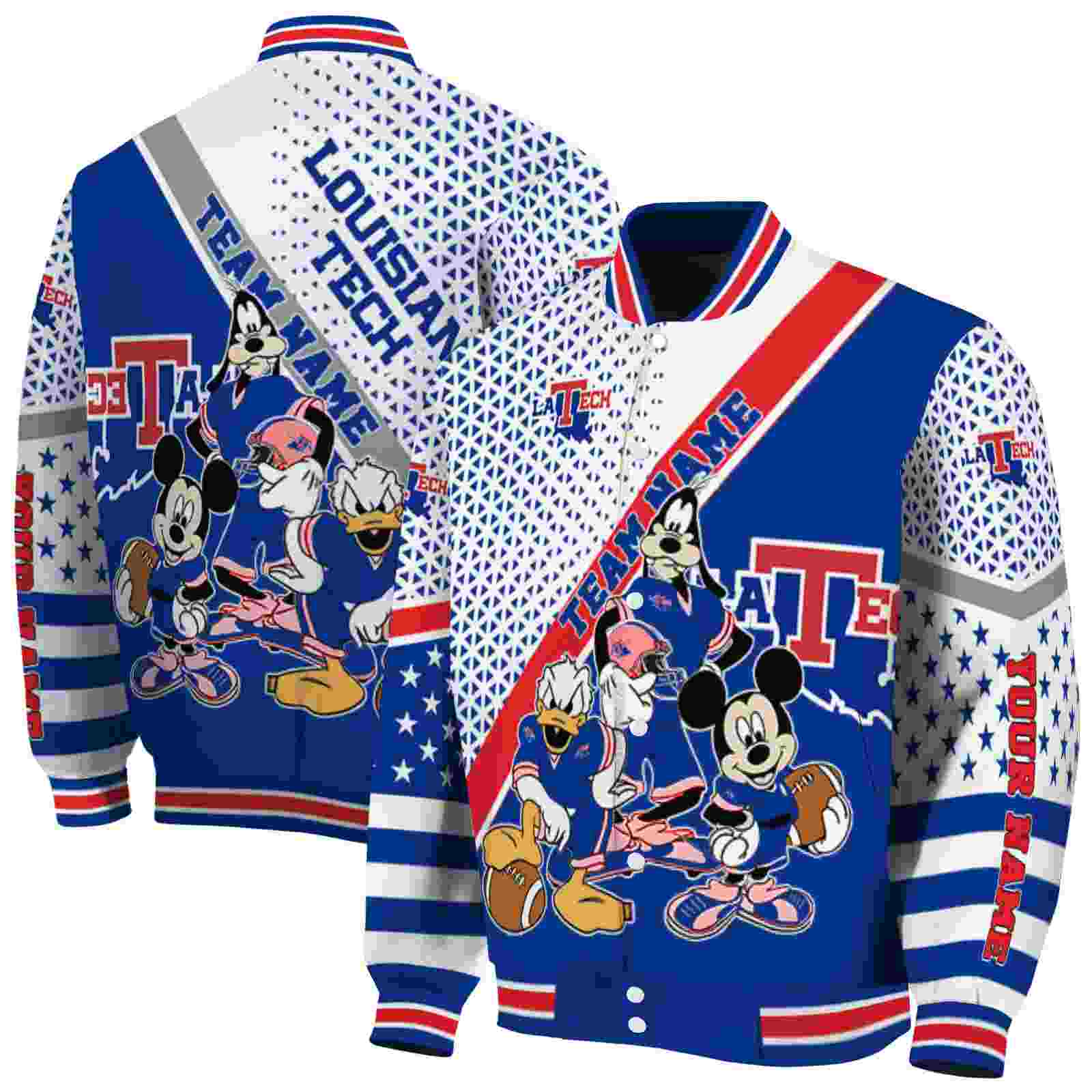 Ncaa Customized LA Tech Mickey Donald Goofy Blue White Custom Baseball Jacket Sport Fans Gear