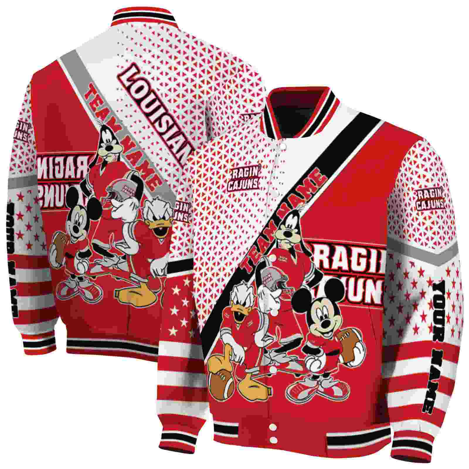 Ncaa Customized Louisiana Ragina Cajuns Mickey Donald Goofy Red White Custom Baseball Jacket Sport Fans Gear