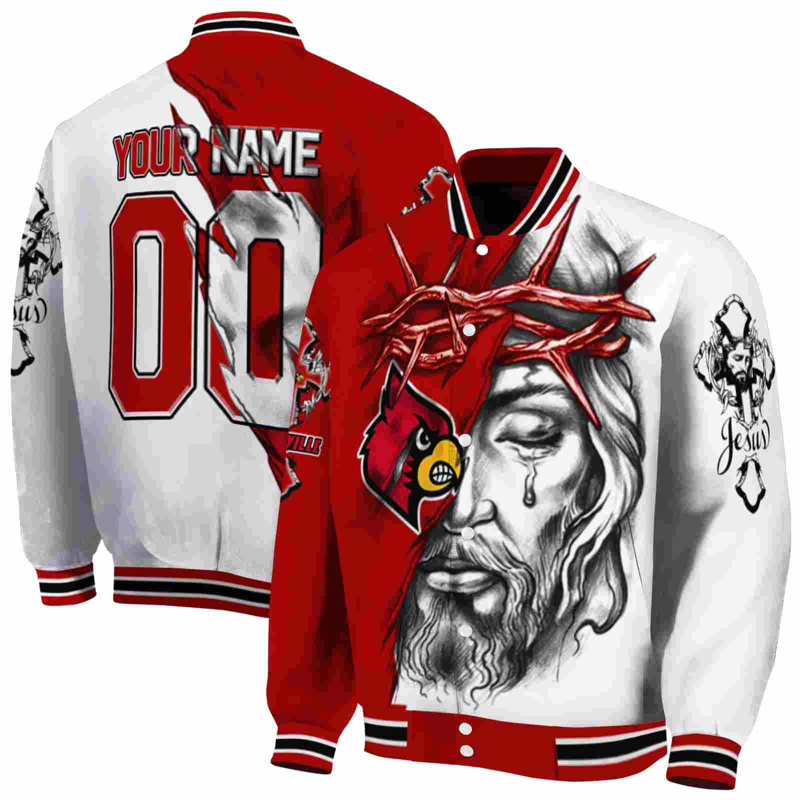 Ncaa Customized Louisville Cardinals Jesus Tears Red White Custom Baseball Jacket Sport Fans Gear