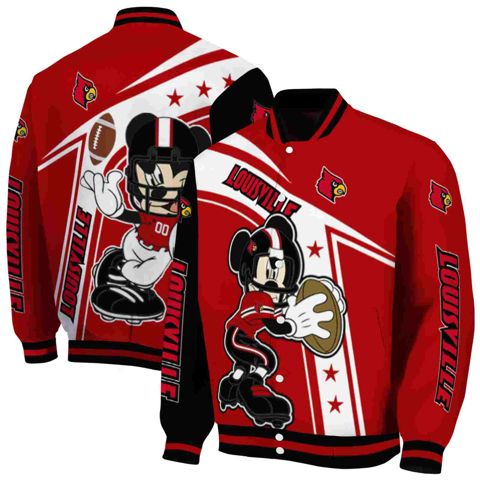 Ncaa Customized Louisville Cardinals Mickey Football Red White Custom Baseball Jacket Sport Fans Gear