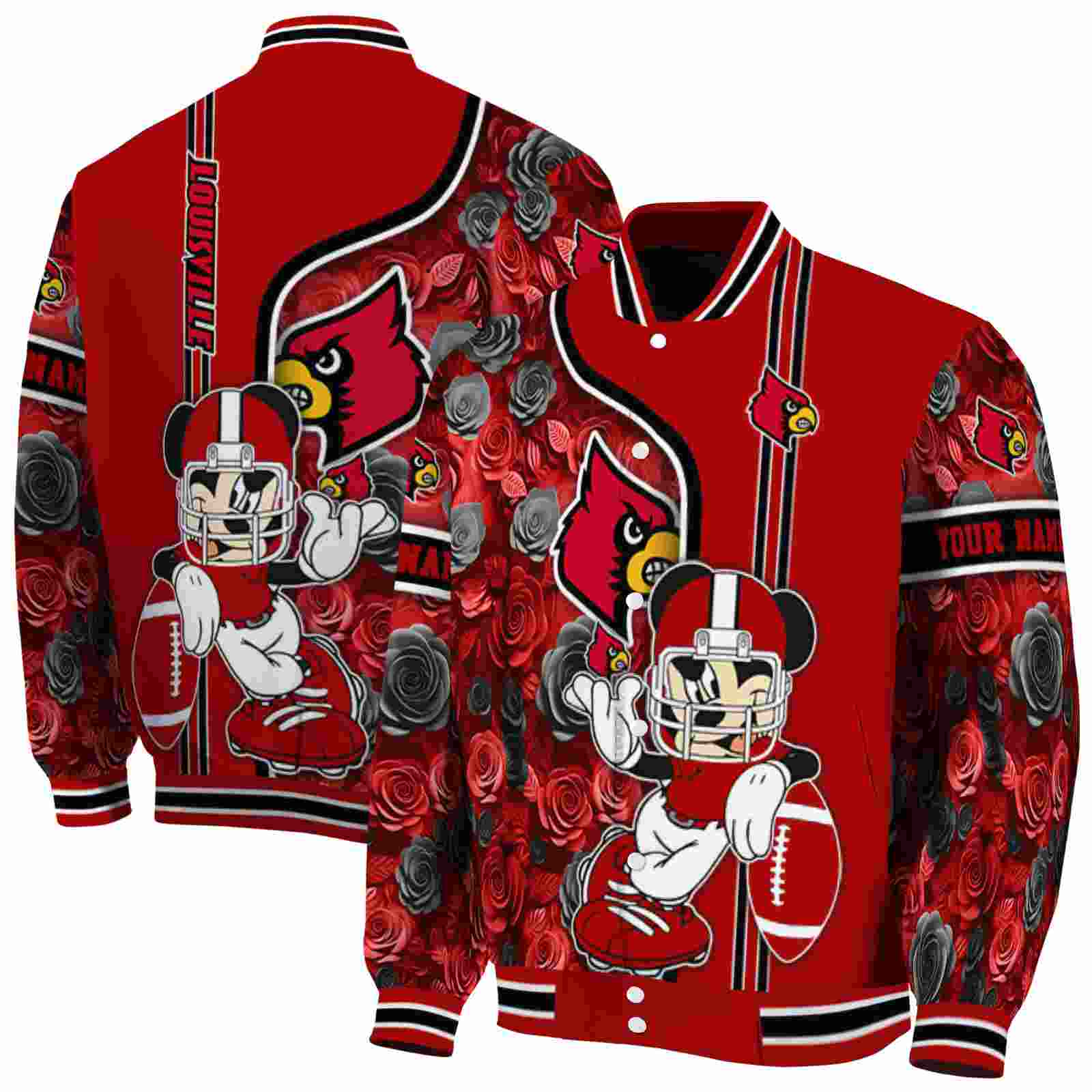 Ncaa Customized Louisville Cardinals Rose Mickey Red Custom Baseball Jacket Sport Fans Gear