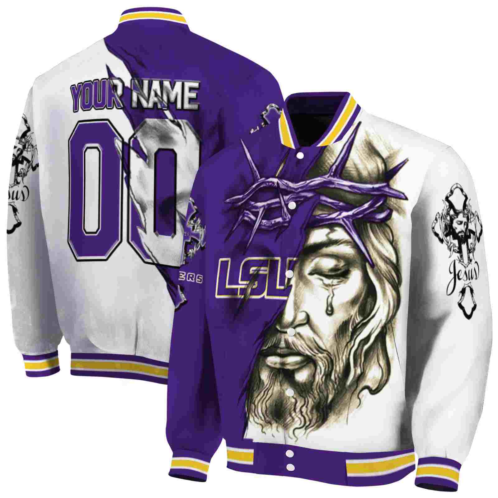 Ncaa Customized LSU Tigers Jesus Tears Purple White Custom Baseball Jacket Sport Fans Gear