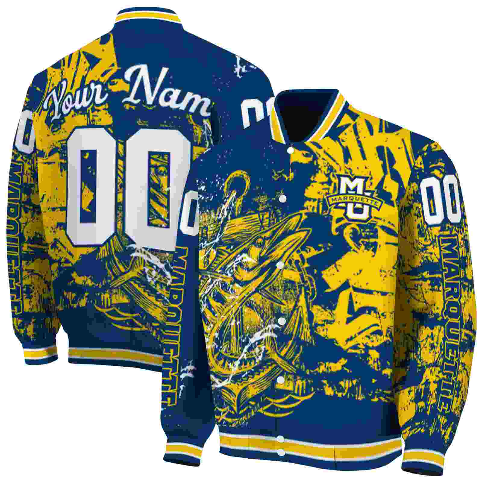 Ncaa Customized Marquette Golden Eagles Fishing Art Blue Custom Baseball Jacket Sport Fans Gear