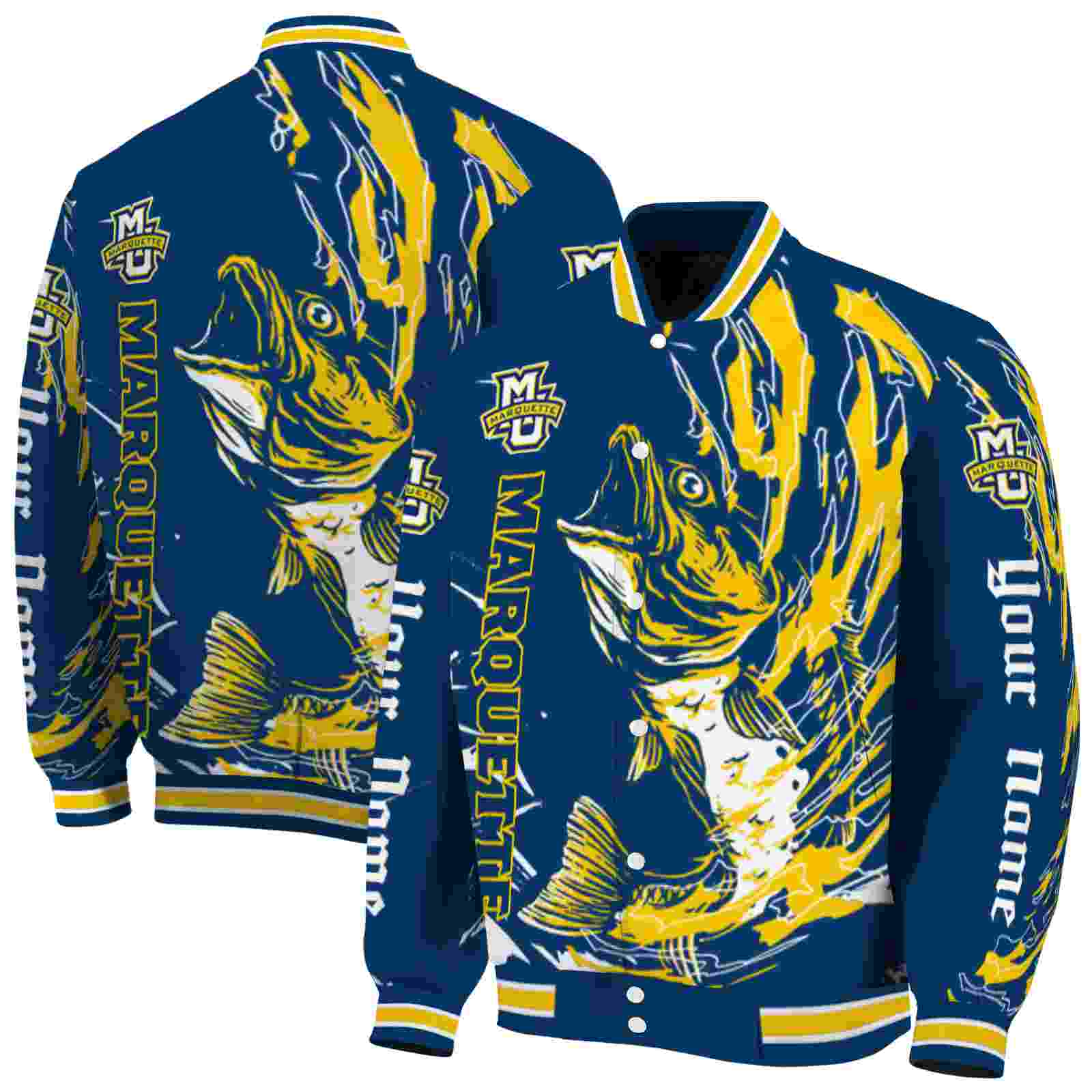 Ncaa Customized Marquette Golden Eagles Fishing Passion Blue White Custom Baseball Jacket Sport Fans Gear