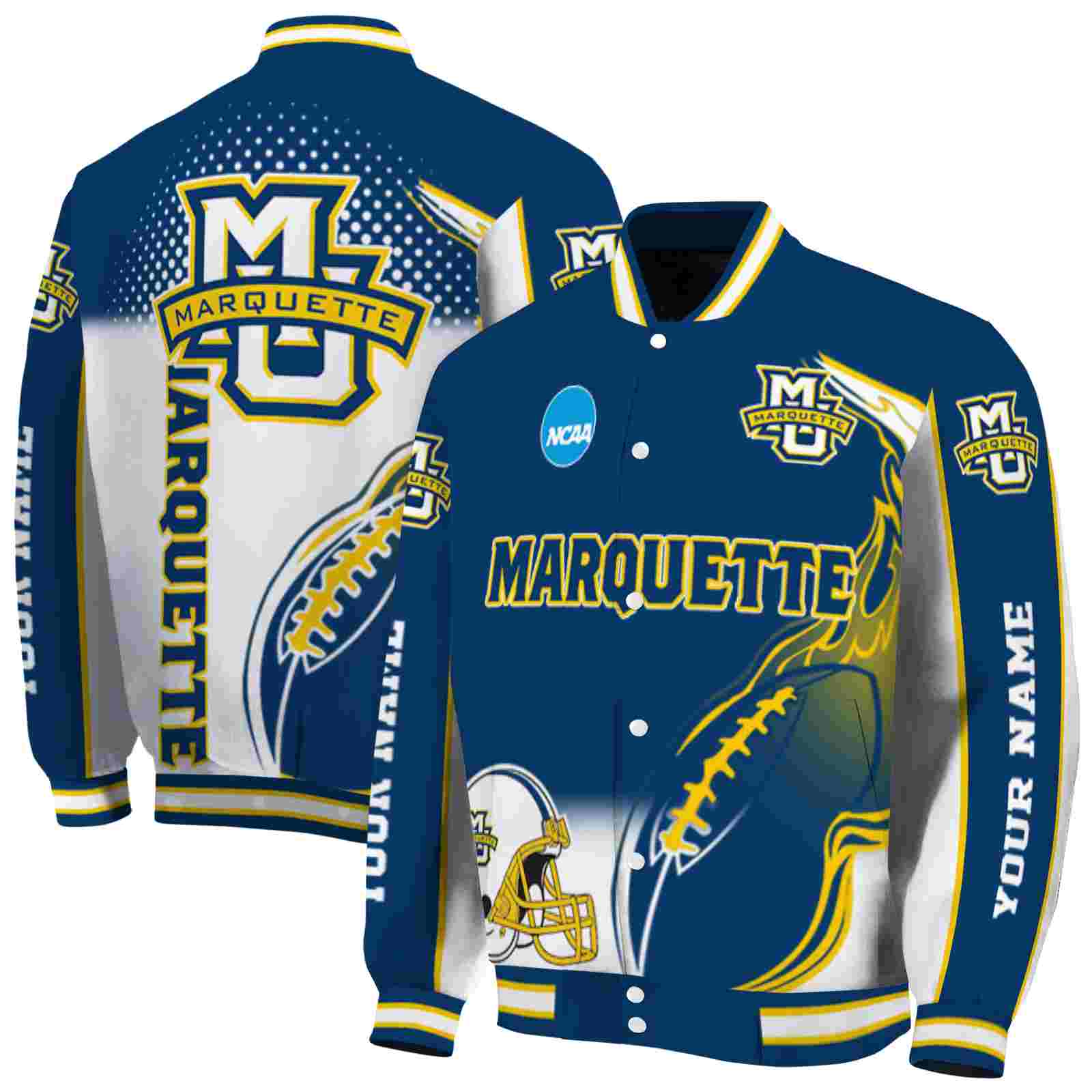 Ncaa Customized Marquette Golden Eagles Flaming Football Blue White Custom Baseball Jacket Sport Fans Gear