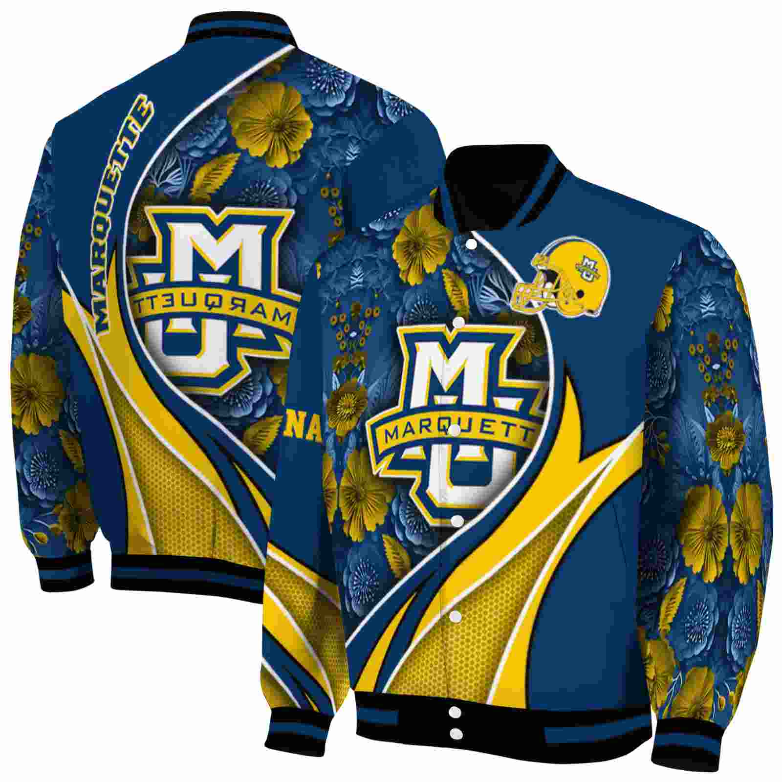 Ncaa Customized Marquette Golden Eagles Floral Print Blue Custom Baseball Jacket Sport Fans Gear