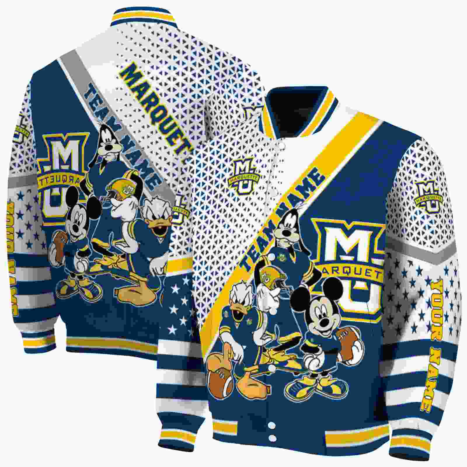 Ncaa Customized Marquette Golden Eagles Mickey Donald Goofy Blue White Custom Baseball Jacket Sport Fans Gear