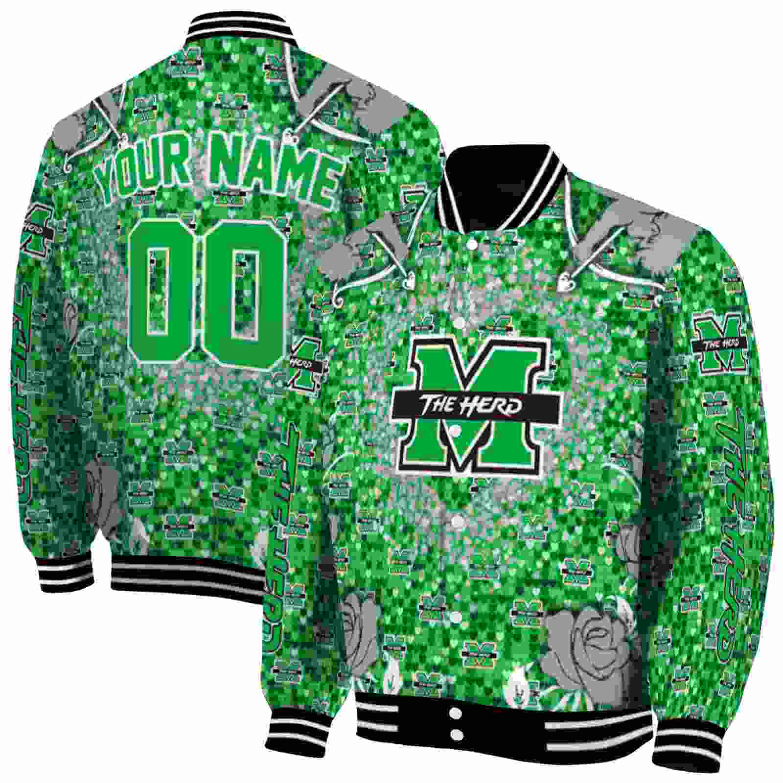 Ncaa Customized Marshall Thundering Herd Heart Explosion Green Custom Baseball Jacket Sport Fans Gear