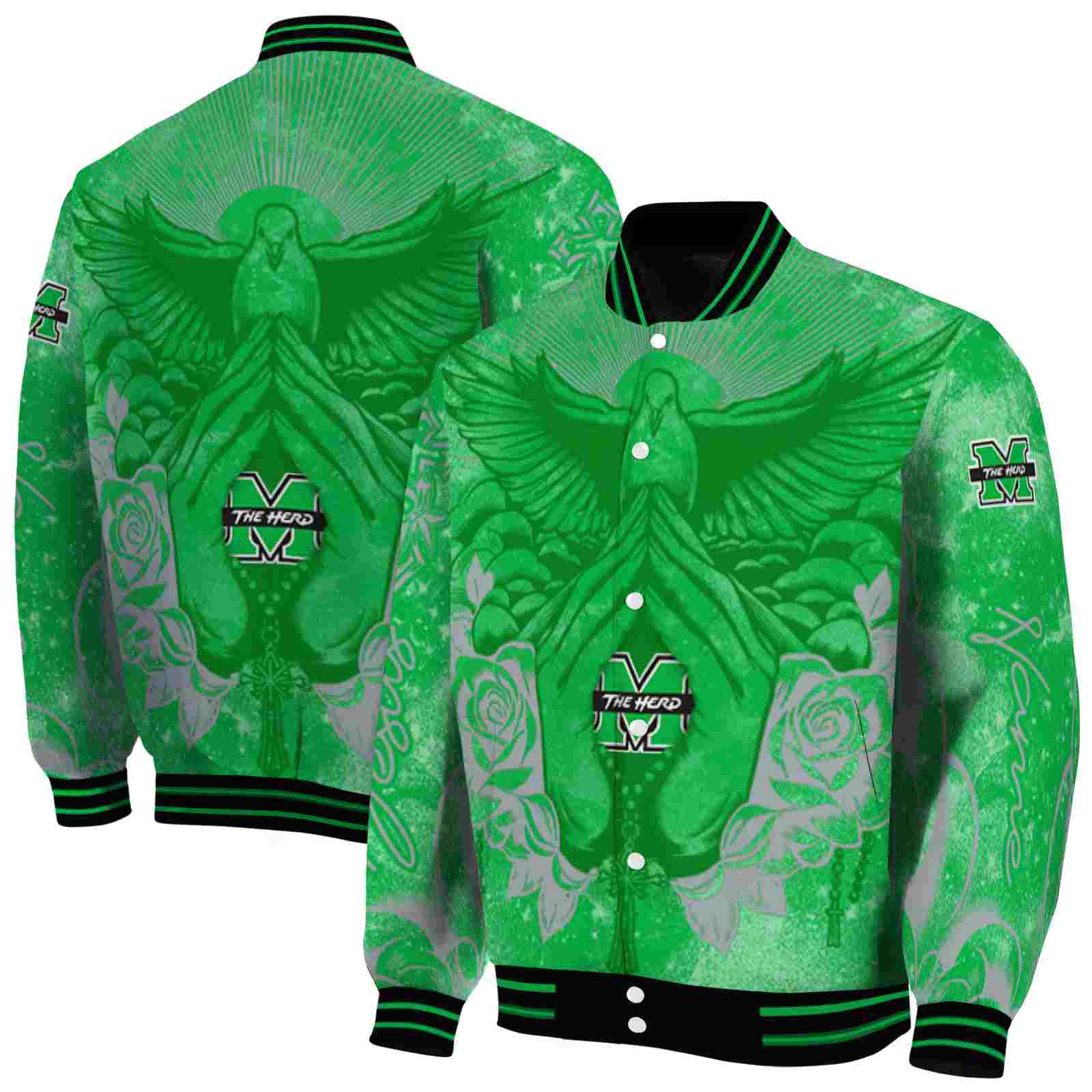Ncaa Customized Marshall Thundering Herd Praying Hands Green Custom Baseball Jacket Sport Fans Gear