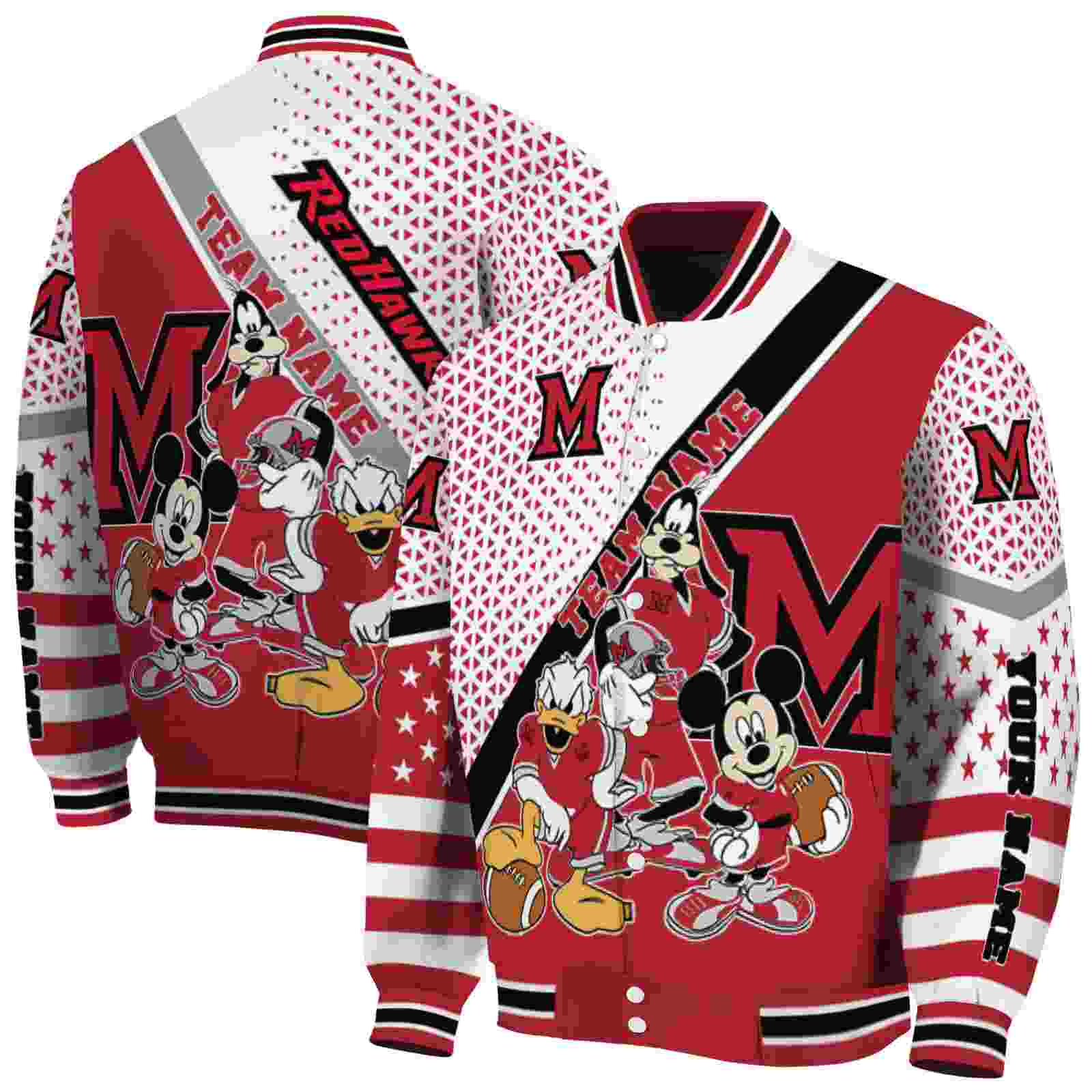 Ncaa Customized Miami RedHawks Mickey Donald Goofy Red White Custom Baseball Jacket Sport Fans Gear