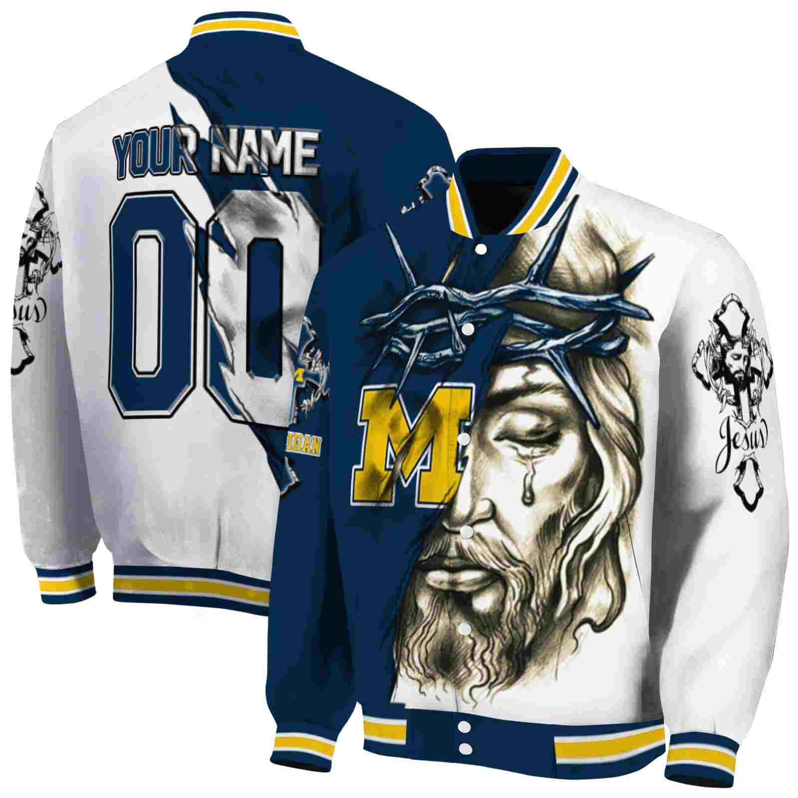 Ncaa Customized Michigan Wolverines Jesus Tears Blue White Custom Baseball Jacket Sport Fans Gear