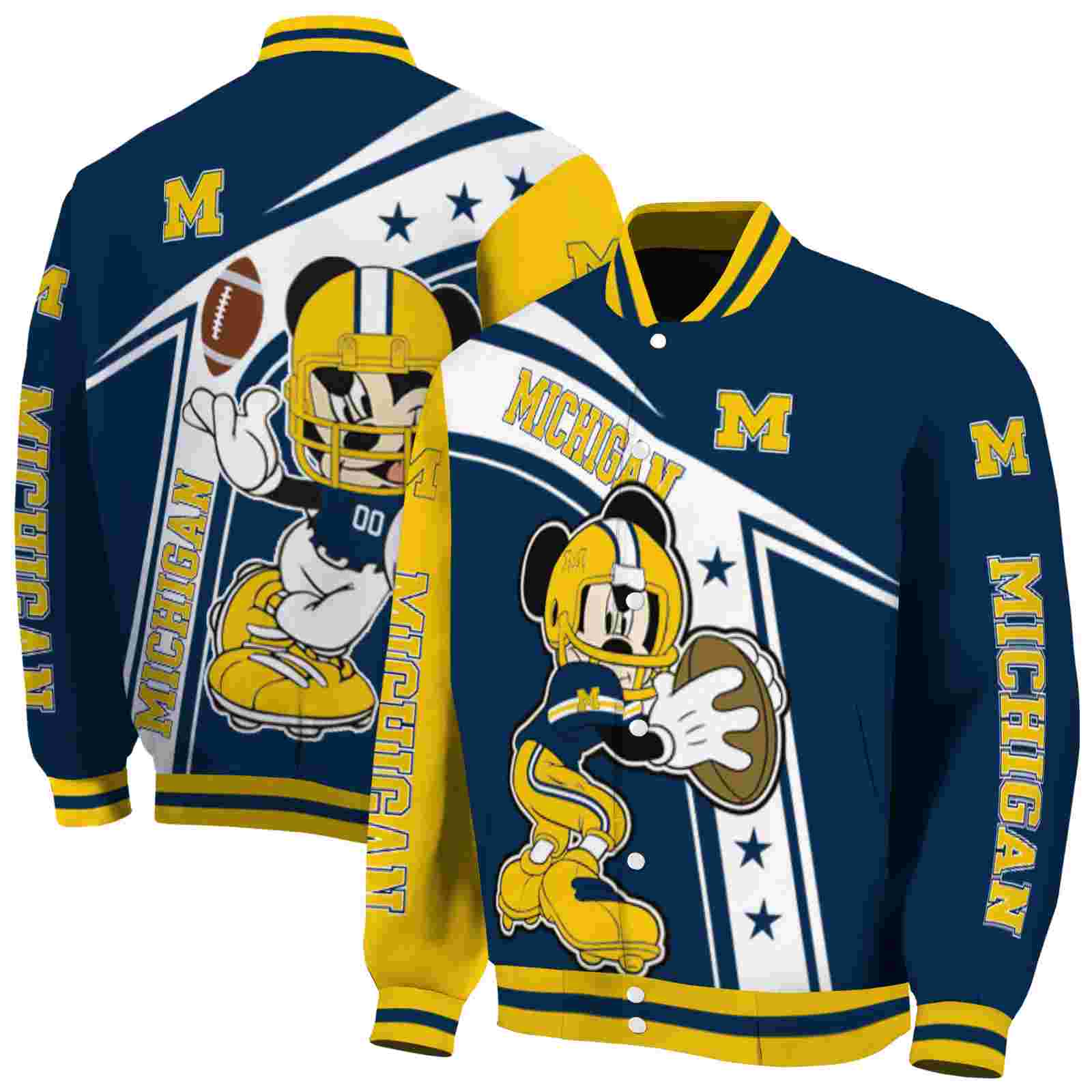 Ncaa Customized Michigan Wolverines Mickey Football Blue White Custom Baseball Jacket Sport Fans Gear