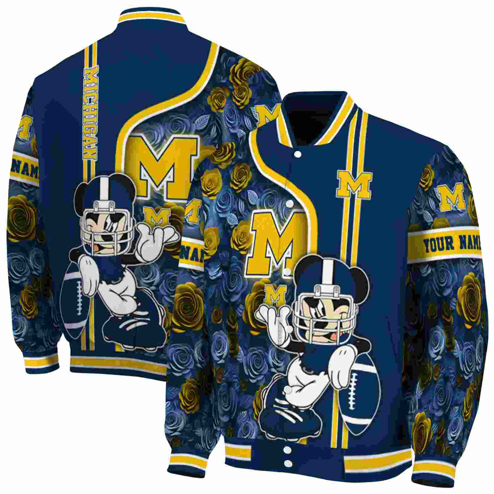 Ncaa Customized Michigan Wolverines Rose Mickey Blue Custom Baseball Jacket Sport Fans Gear