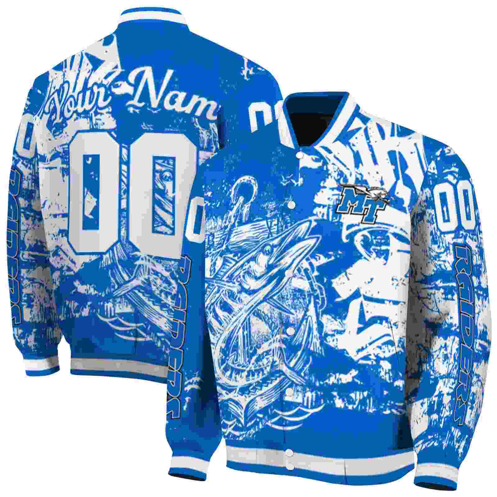 Ncaa Customized Middle Tennessee Blue Raiders Fishing Art Blue Custom Baseball Jacket Sport Fans Gear