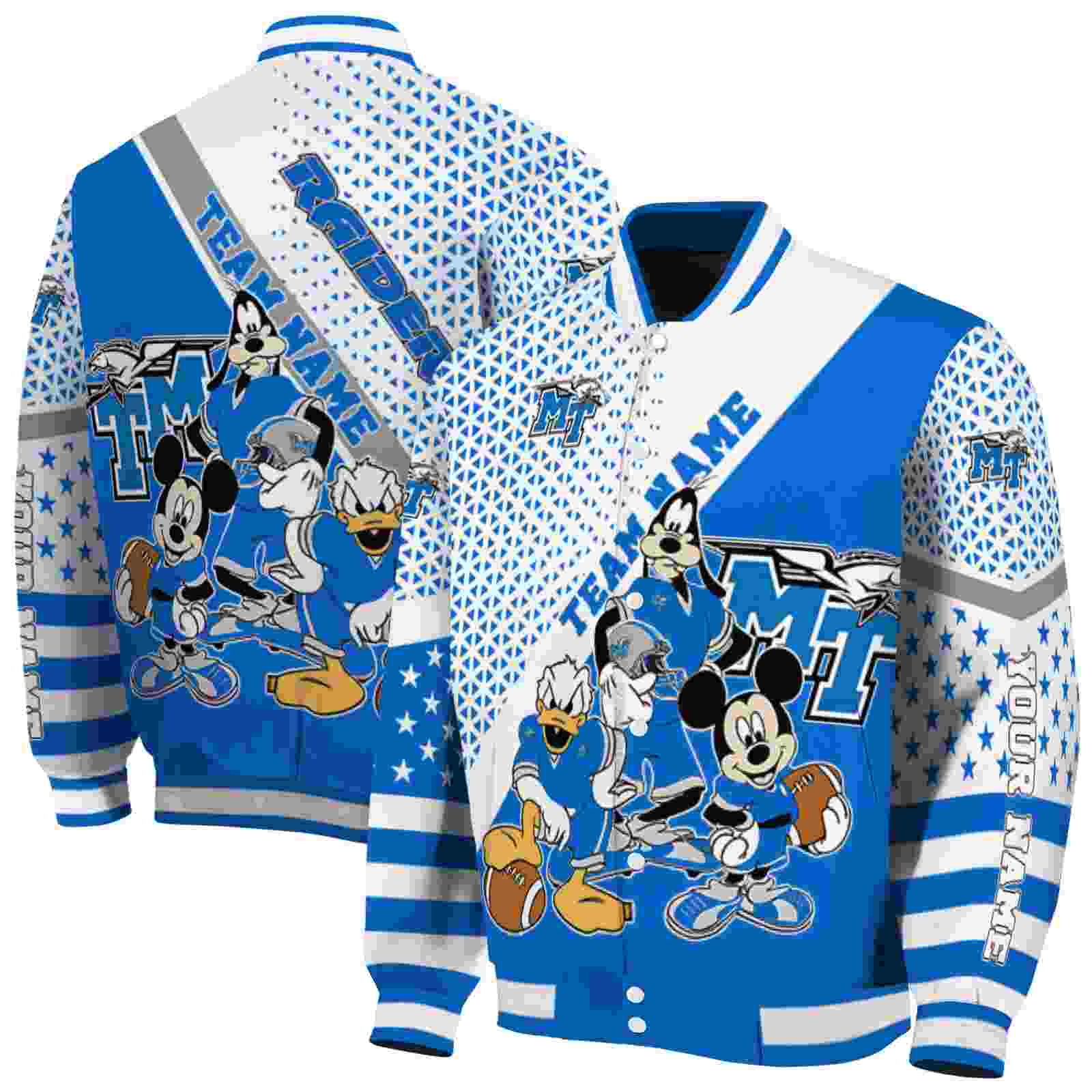 Ncaa Customized Middle Tennessee Blue Raiders Mickey Donald Goofy Blue White Custom Baseball Jacket Sport Fans Gear