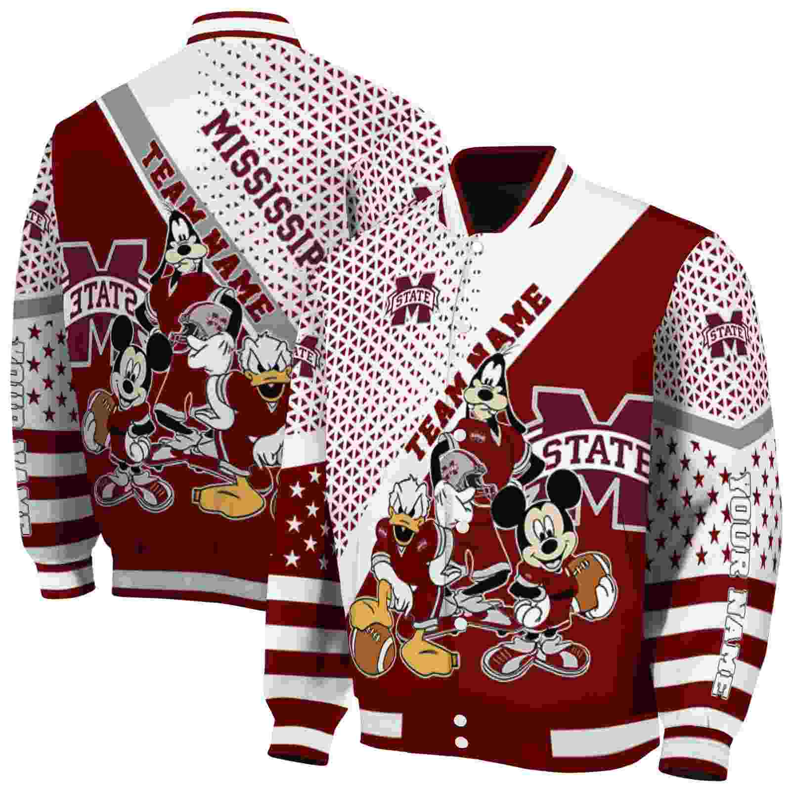 Ncaa Customized Mississippi State Bulldogs Mickey Donald Goofy Maroon White Custom Baseball Jacket Sport Fans Gear