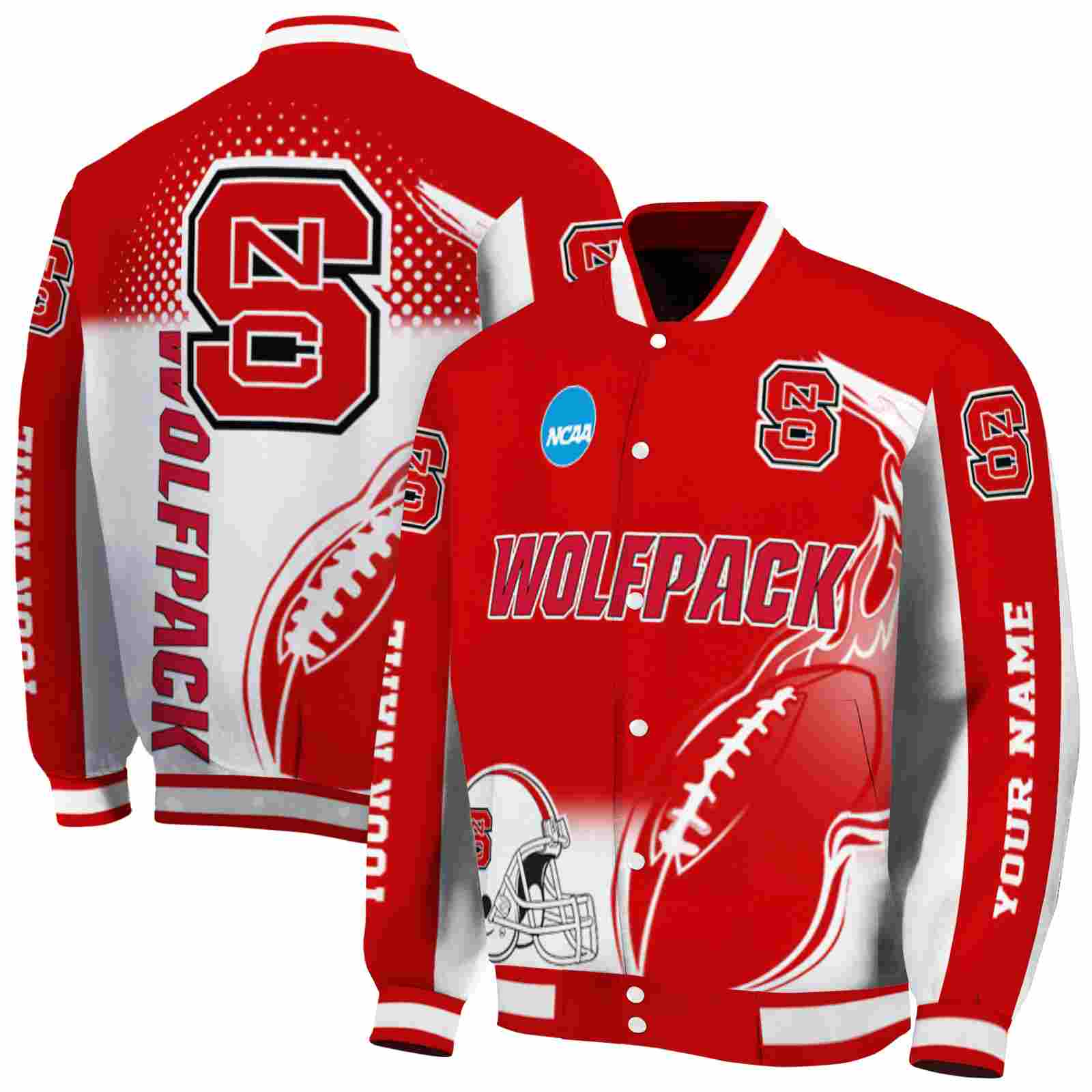 Ncaa Customized NC State Wolfpack Flaming Football Red White Custom Baseball Jacket Sport Fans Gear