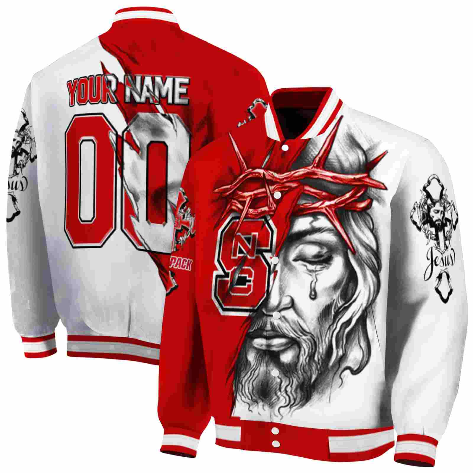 Ncaa Customized NC State Wolfpack Jesus Tears Red White Custom Baseball Jacket Sport Fans Gear