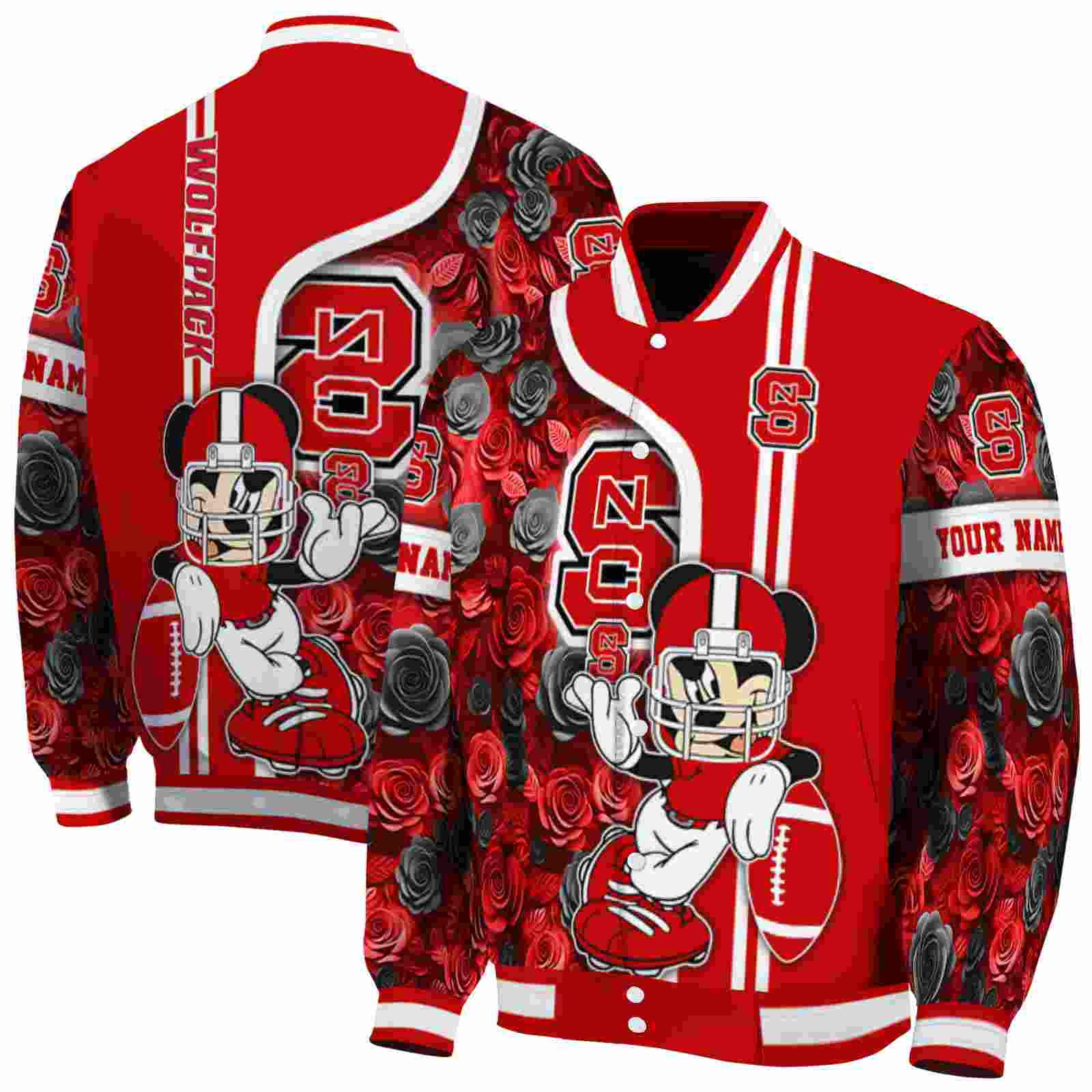 Ncaa Customized NC State Wolfpack Rose Mickey Red Custom Baseball Jacket Sport Fans Gear