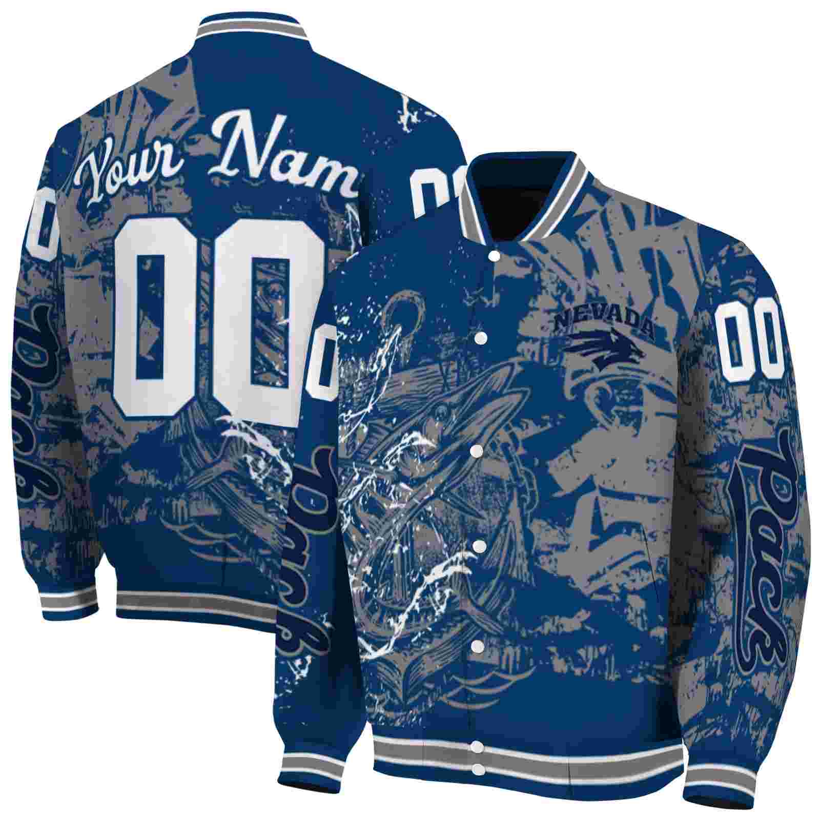 Ncaa Customized Nevada Wolf Pack Fishing Art Blue Custom Baseball Jacket Sport Fans Gear