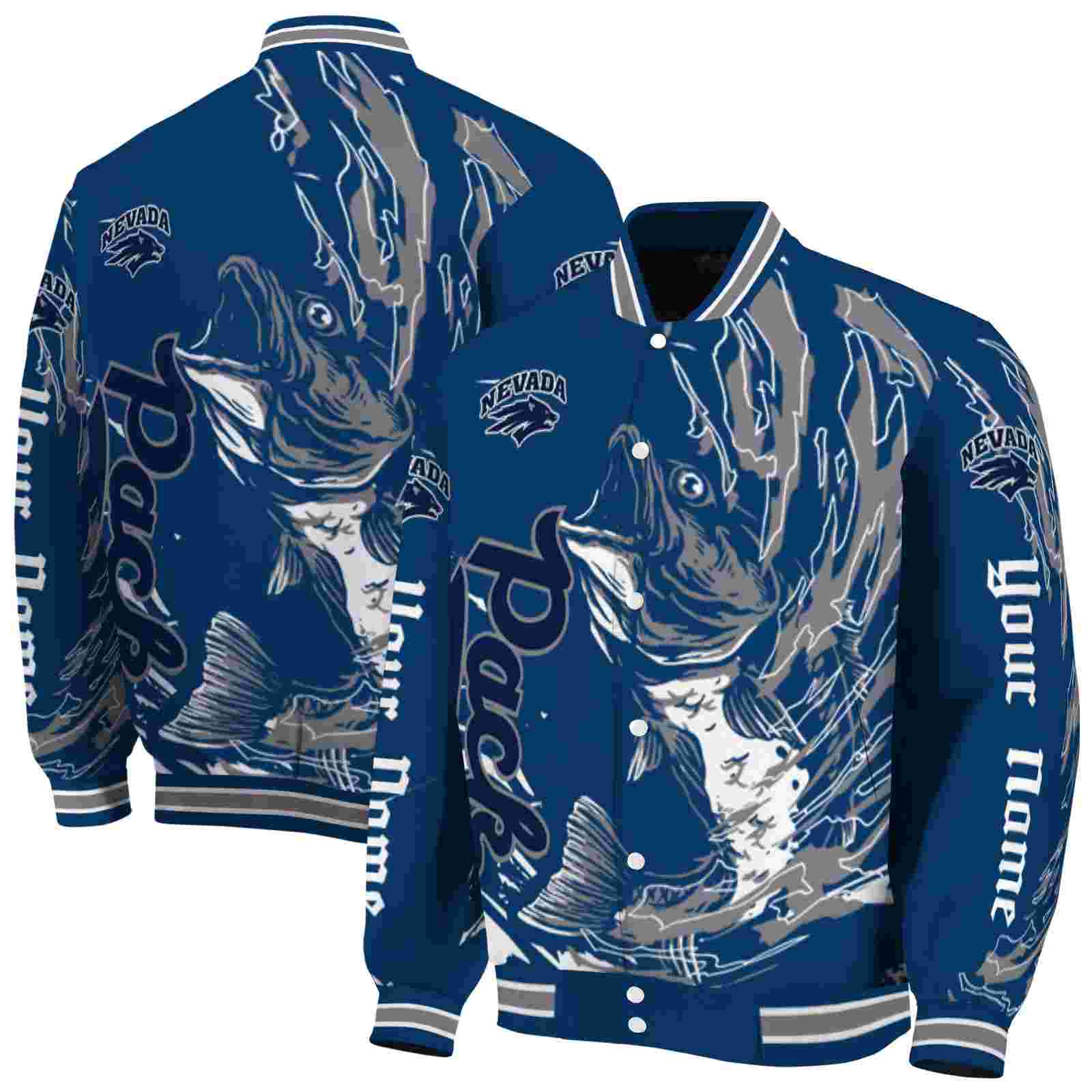 Ncaa Customized Nevada Wolf Pack Fishing Passion Blue White Custom Baseball Jacket Sport Fans Gear