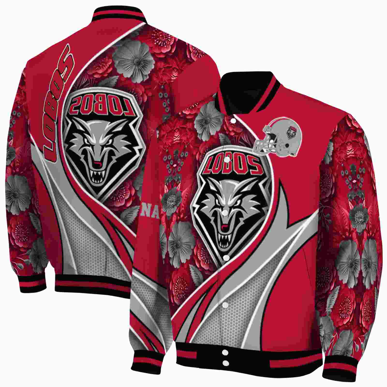 Ncaa Customized New Mexico Lobos Floral Print Red Custom Baseball Jacket Sport Fans Gear